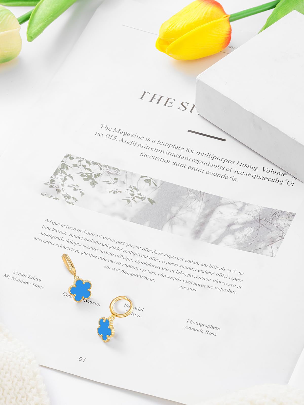 Gold Plated Five Leaf Clover Dangle Earrings for Women Lucky Flower Jewelry (Blue-14K Gold Plated)