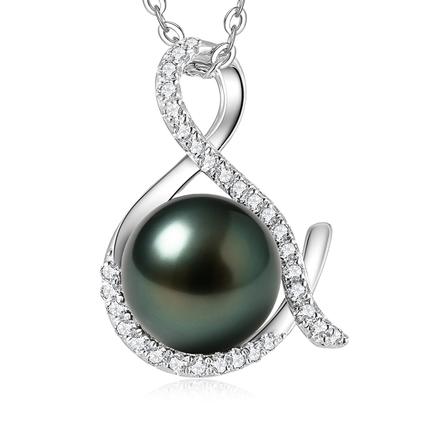 Tahitian Black Pearl Necklace for Women - Gift for Wife, Mom, Grandma, Jewelry Gifts for Wedding Anniversary Birthday Christmas, 10-11mm Seawater Pearl with Sterling Silver Moissanite Infinity Pendant