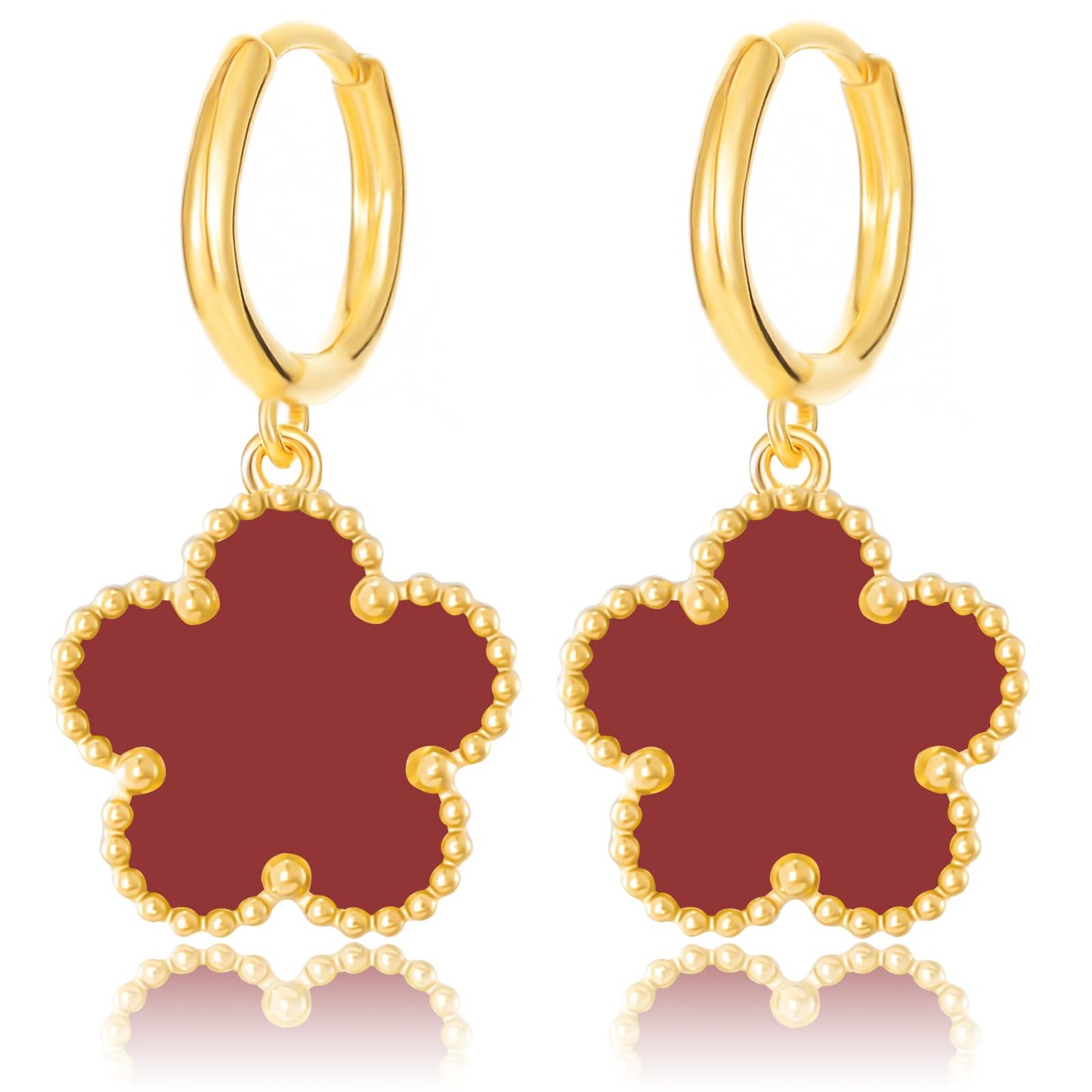 Gold Plated Five Leaf Clover Dangle Earrings for Women Lucky Flower Jewelry (Burgundy-14K Gold Plated)
