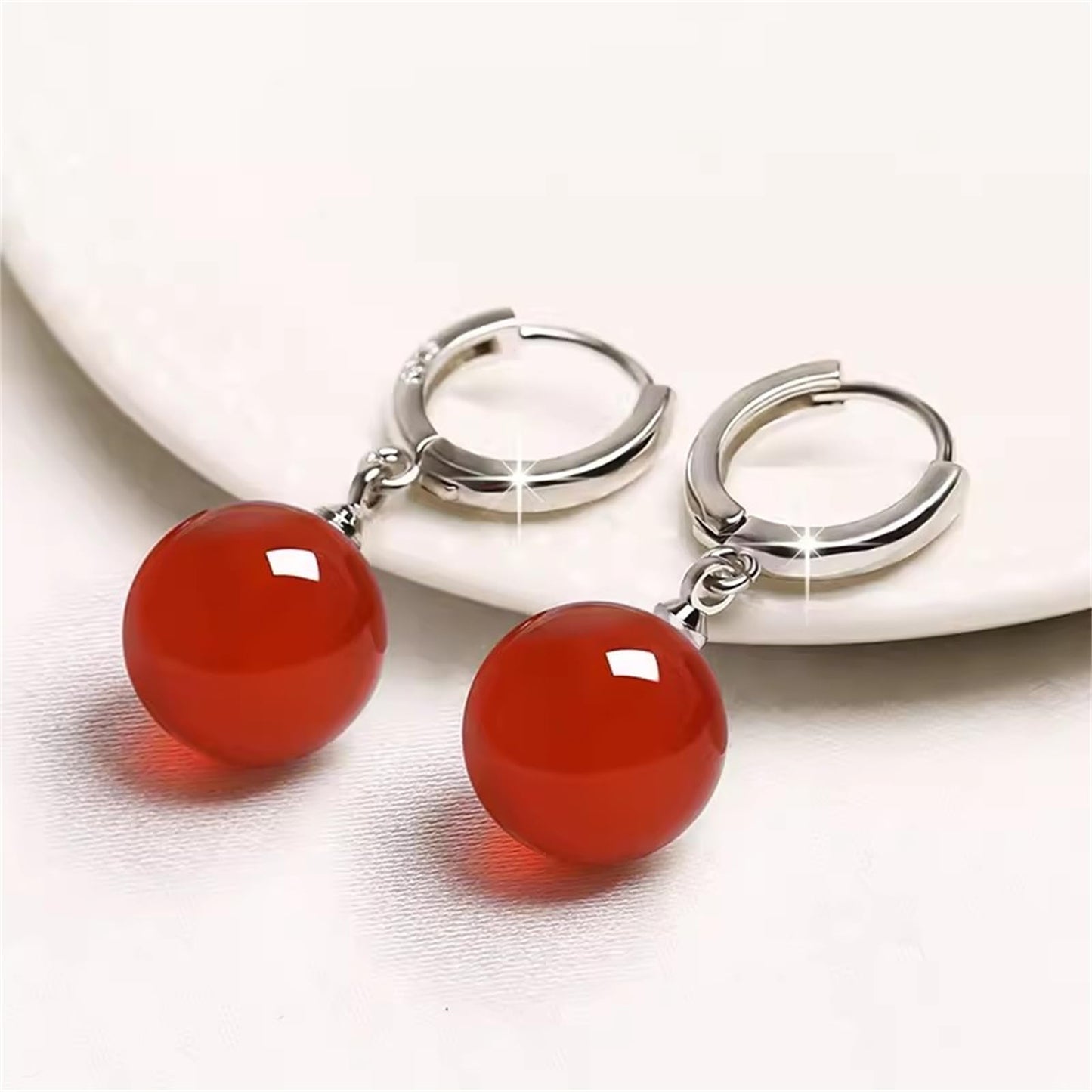 QLYOVWE Handmade Jade Earrings Basic Gemstone Round 12MM Bead Ball Drop Dangle Earrings Rose Quartz Stone Natural Agate Bead Jade Drop Earrings for Women (Red)