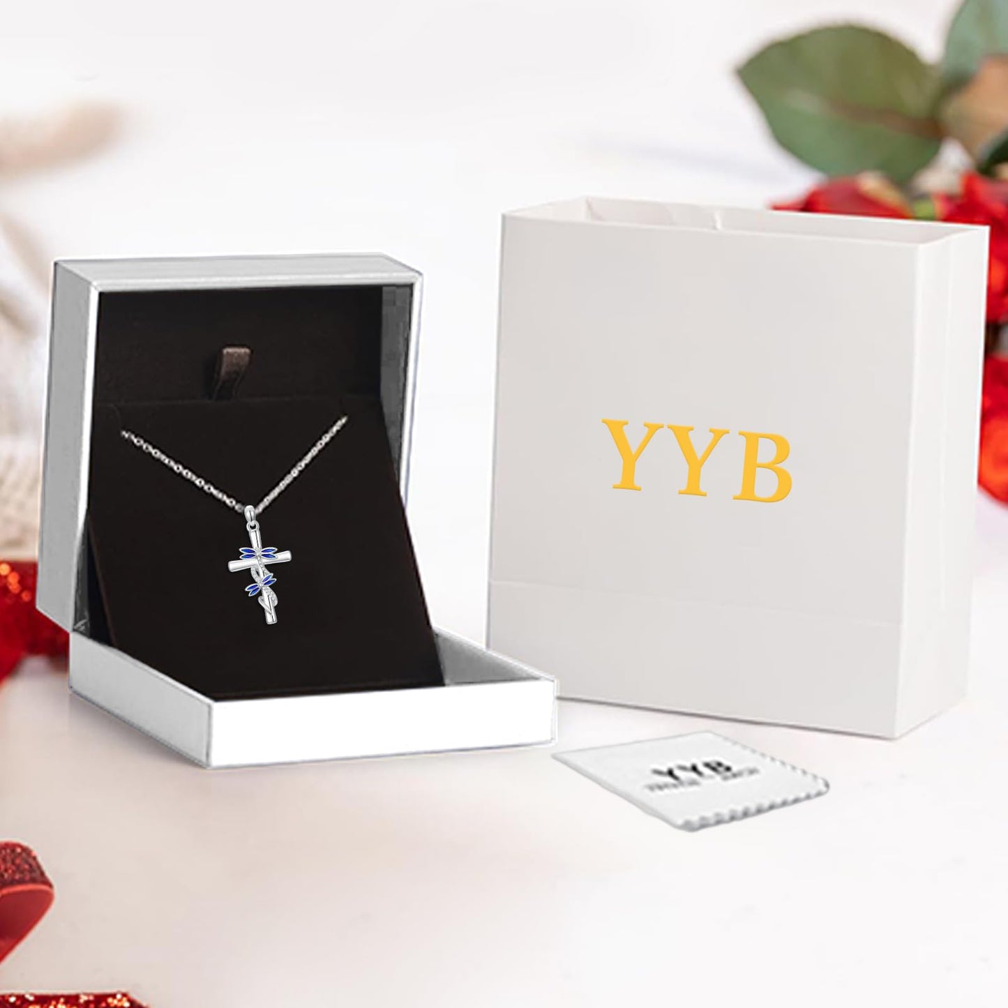 YYB Cross Necklace for Women 925 Sterling Silver Dragonfly Necklace Dragonfly Cross Pendant Valentine's Day Gifts for Women