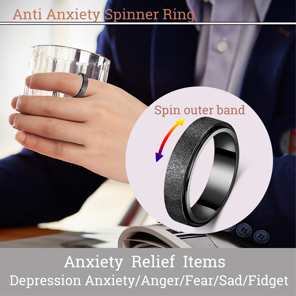 Anxiety Ring for Women Fidget Spinner Ring Fidget Toys Adults Titanium Stainless Steel Thumb Ring 6mm Wide Black Size 10