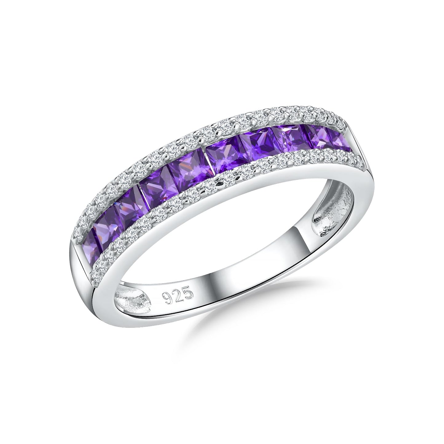 RANDES Amethyst Purple Ring February Birthstone Ring Sterling Silver Band Rings for Women Princess Cut Eternity Band Size 10