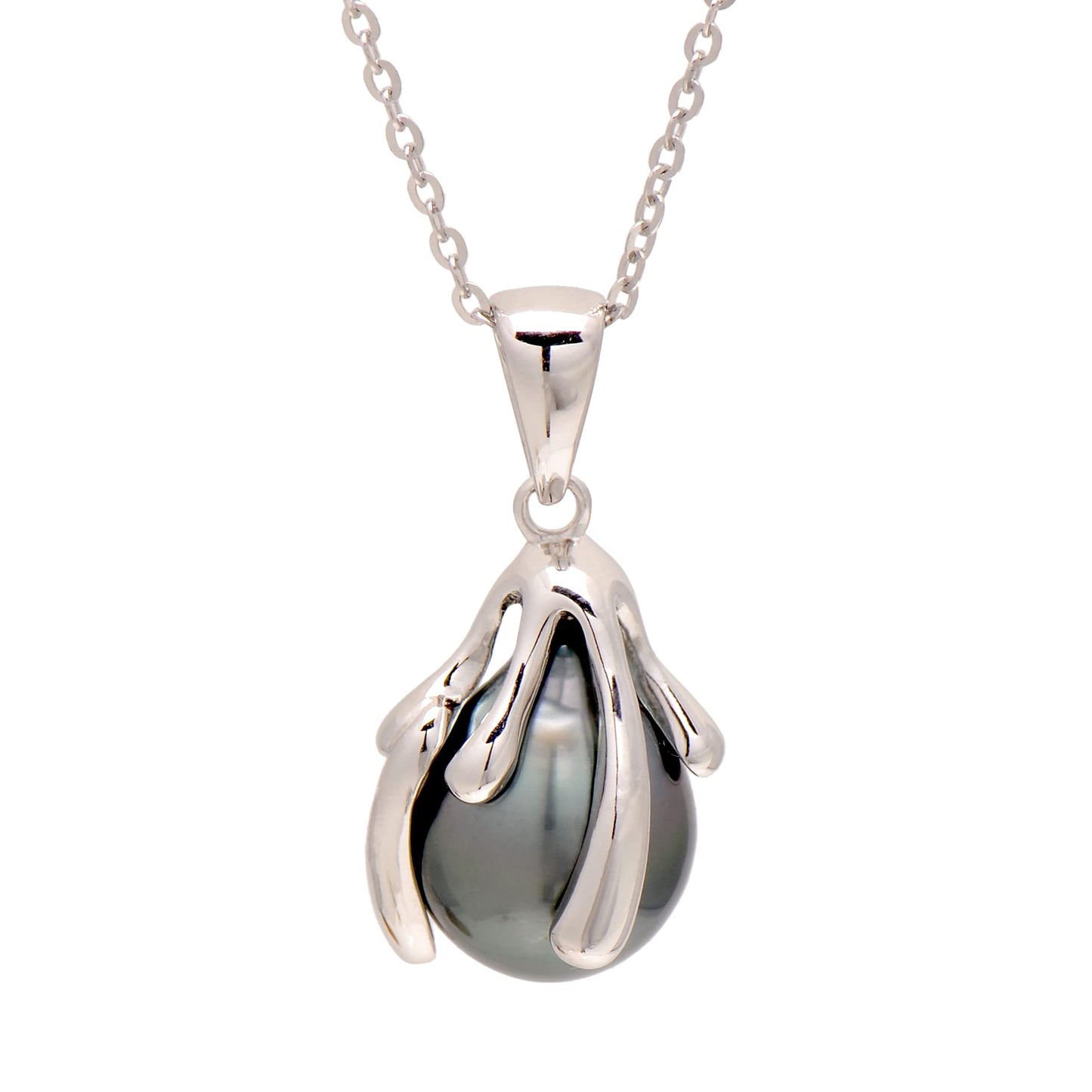 925 Sterling Silver Artistic Wrapping Cultured Tahitian Black Pearl Pendant Necklace, White Gold Plating