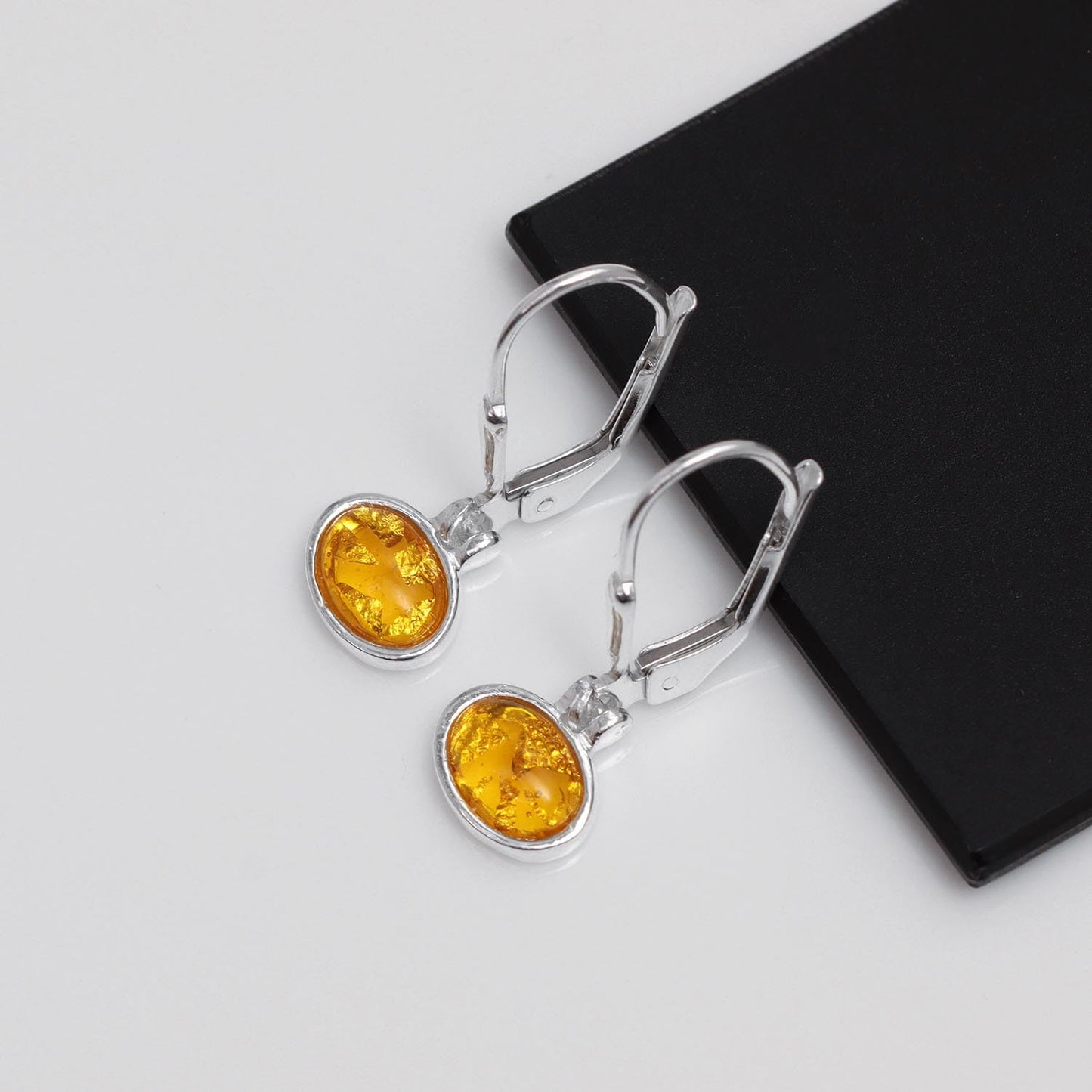 LeCalla 925 Sterling Silver Jewelry | Oval Amber Gemstone Leverback Earrings | Gemstones Faceted Drop Earrings for Women 23MM