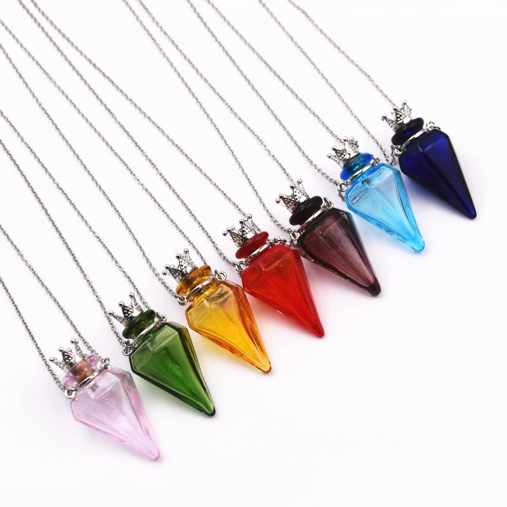 Colored glass Pendant Necklace Aromatherapy Perfume bottle necklace 50cm Stainless steel chain (dark blue)