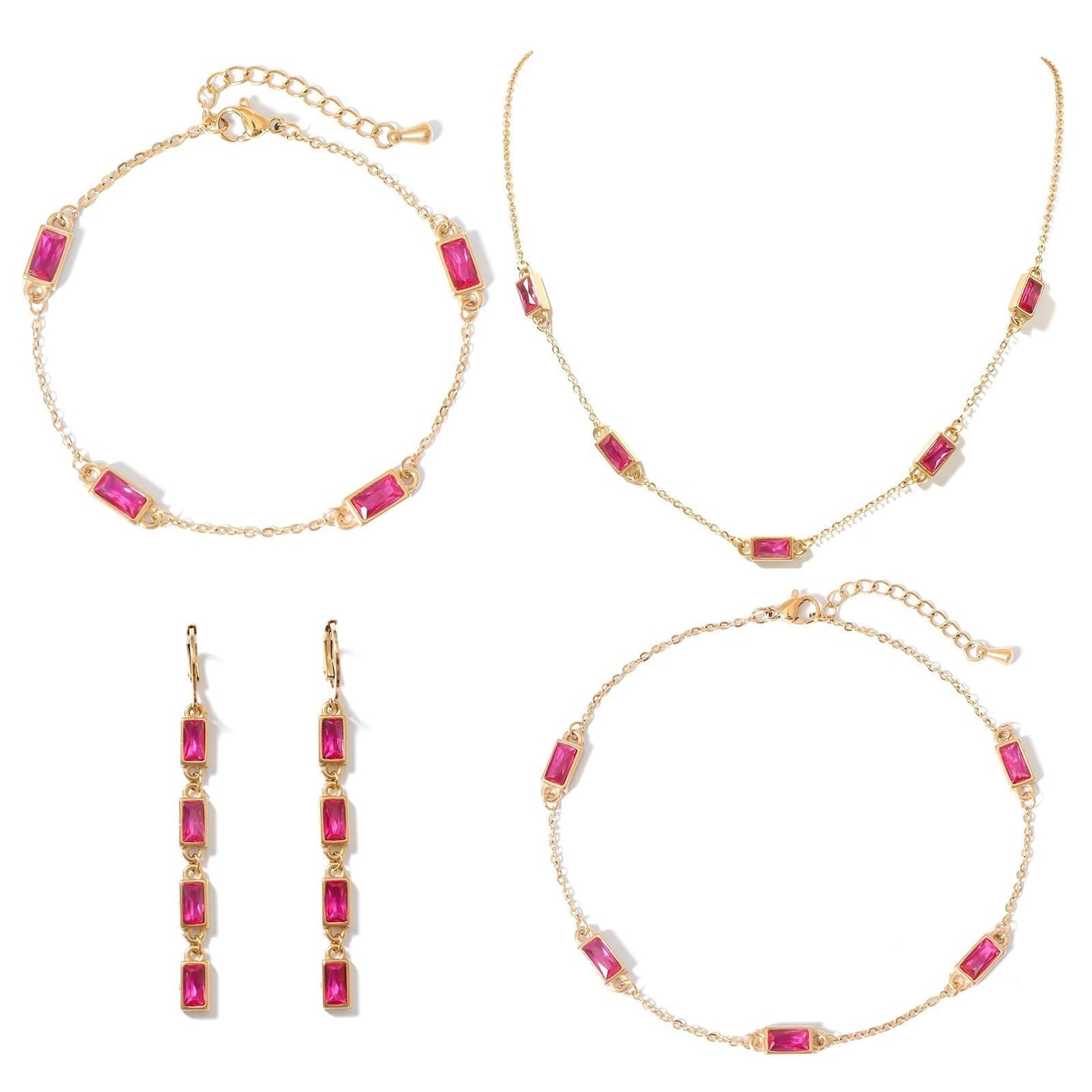 TaYolnFaSo Emerald-cut Red Cubic Zirconia Jewelry Set for Women 18k Gold Plated Red Necklace Earring Bracelet Anklet January Birthstone Garnet Jewelry Prom Wedding Birthday Gift