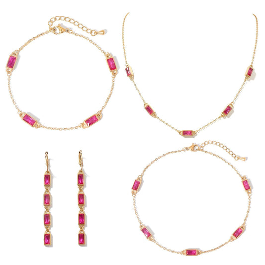 TaYolnFaSo Emerald-cut Red Cubic Zirconia Jewelry Set for Women 18k Gold Plated Red Necklace Earring Bracelet Anklet January Birthstone Garnet Jewelry Prom Wedding Birthday Gift