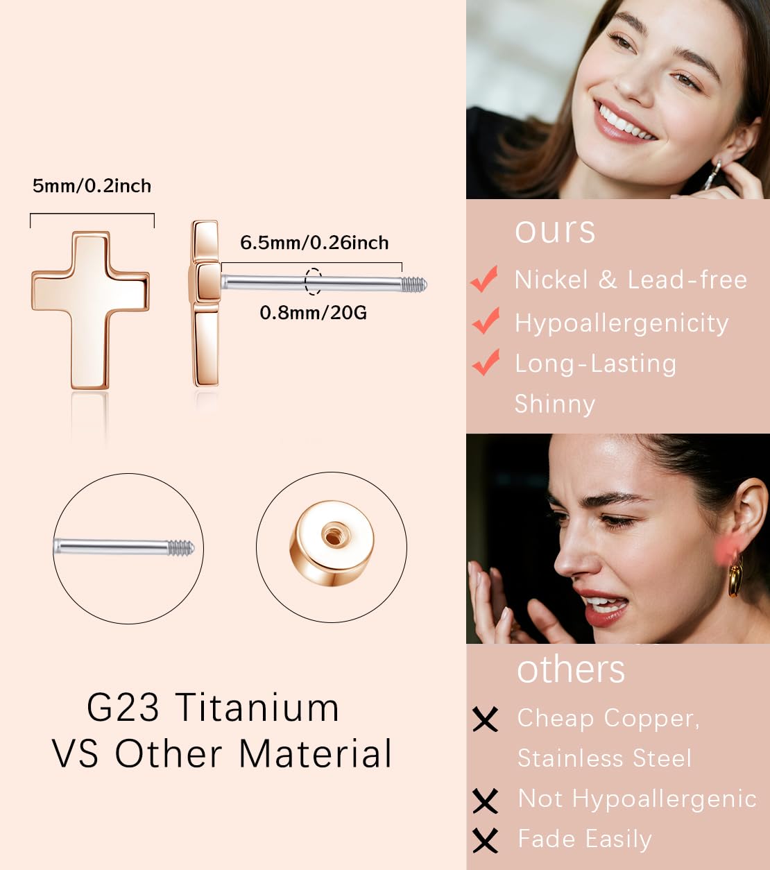 Limerencia Titanium Stud Earrings - Hypoallergenic Earrings for Women Men Sensitive Ears - Minimalist Jewelry Flatback Cross Bolt Cartilage Earrings,Gold Tone