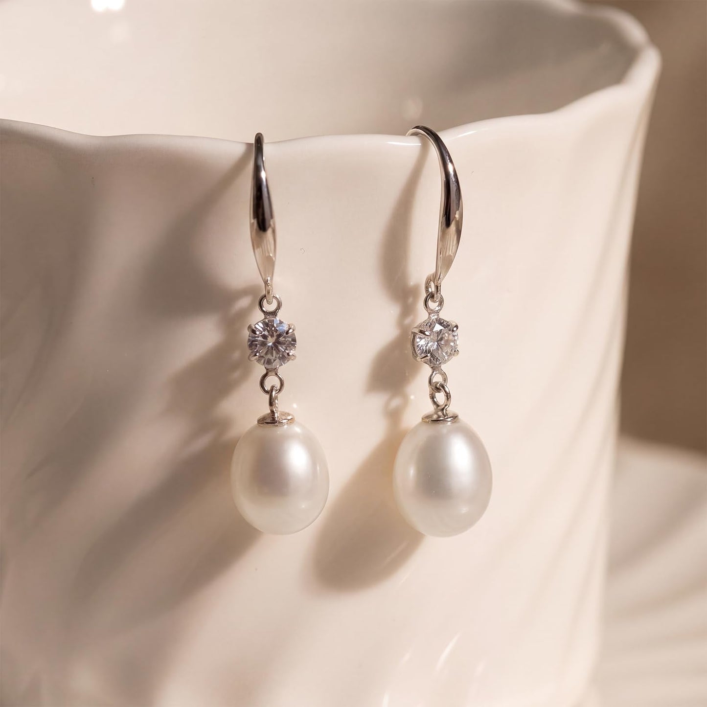 Pearl Drop Earrings for Women, Gold Plated & 925 Sterling Silver, Pink & White Dangle Earrings, Dainty Cute Elegant Bridal Wedding Gift for Her | Christmas Gift for Women (Silver Ear Hook White Pearl)