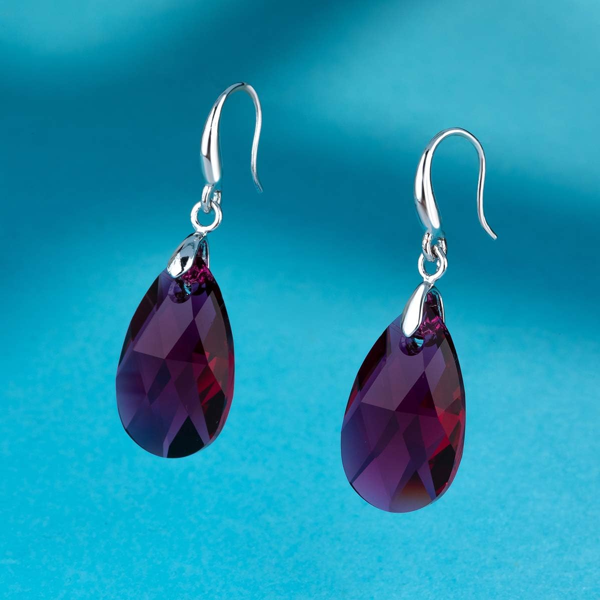 Austrian Crystal Teardrop Dangle Hook Earrings for Women 14K Gold Plated Hypoallergenic Jewelry (Fuchsia)