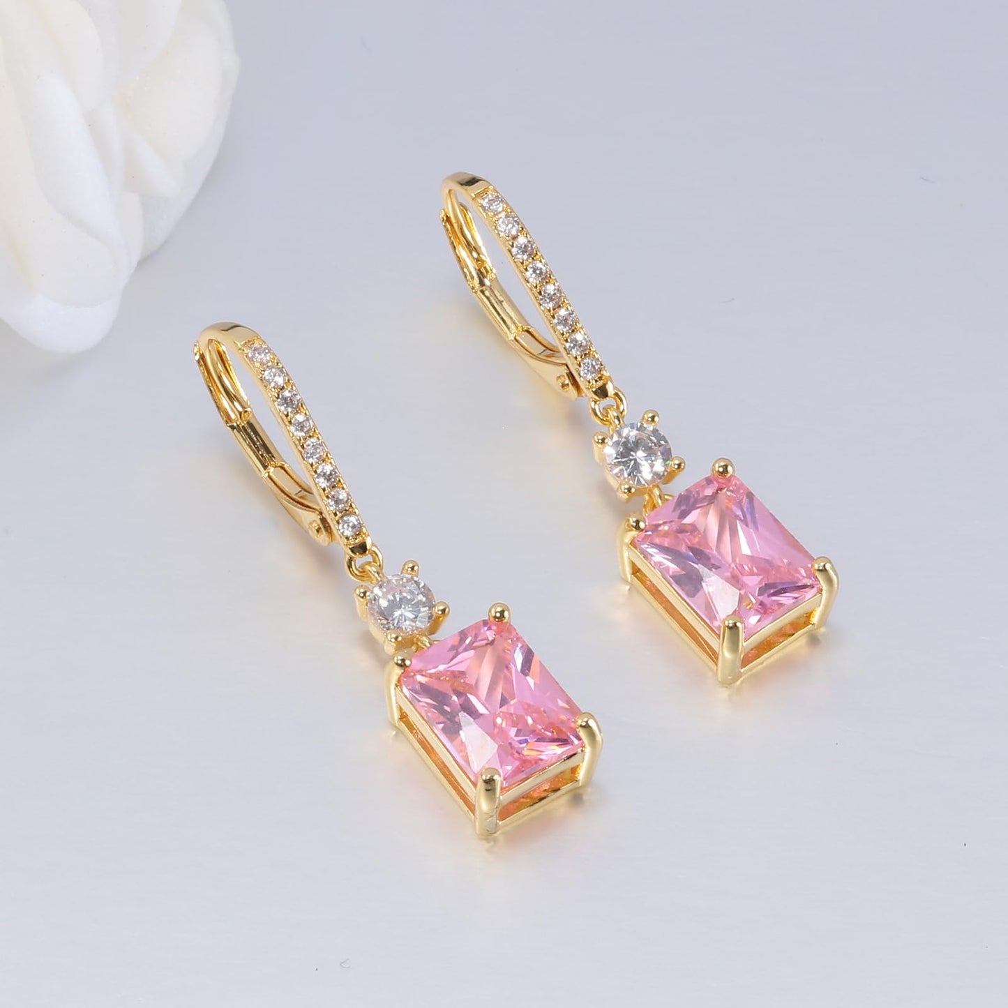 CiNily Leverback Earrings for Women Rectangular-cut Drop Dangle Earring Hypoallergenic, 14K Gold Plated Pink Cubic Zircon Earrings Diamond Dangle Ear Rings Jewelry Birthday