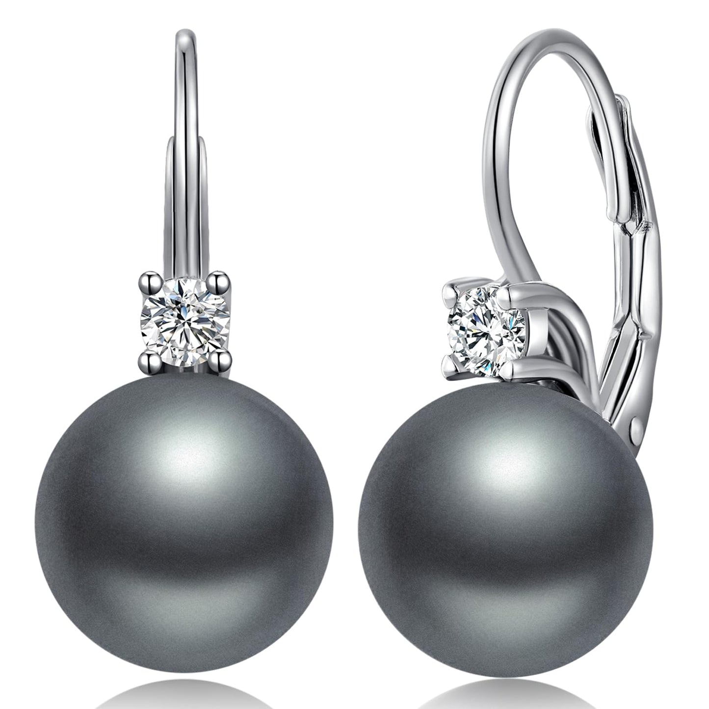 Jiahanzb Gray Pearl Leverback Earrings for Women 10mm 925 Sterling Silver Dangle Earrings for Women