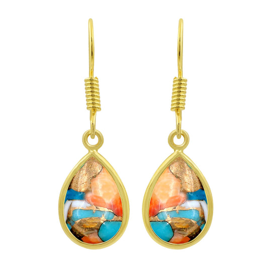 Natural Oyster Copper Turquoise 14K Yellow Gold Plated Dangle Earrings - December Birthstone Teardrop Shape Gemstone Earrings - Handmade Jewelry Gifts for Her