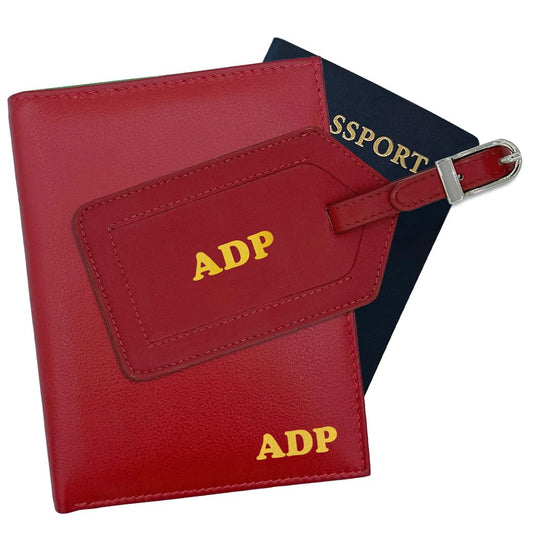 Deluxe Personalized Monogrammed Red Leather RFID Passport Wallet and Luggage Tag