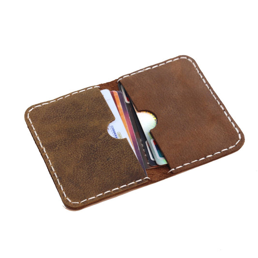 Handmade Bifold Card Holder, Vintage Crazy Horse Genuine Leather Card Wallet with 2 Card Slots, Compact Minimalist Front Pocket Wallet