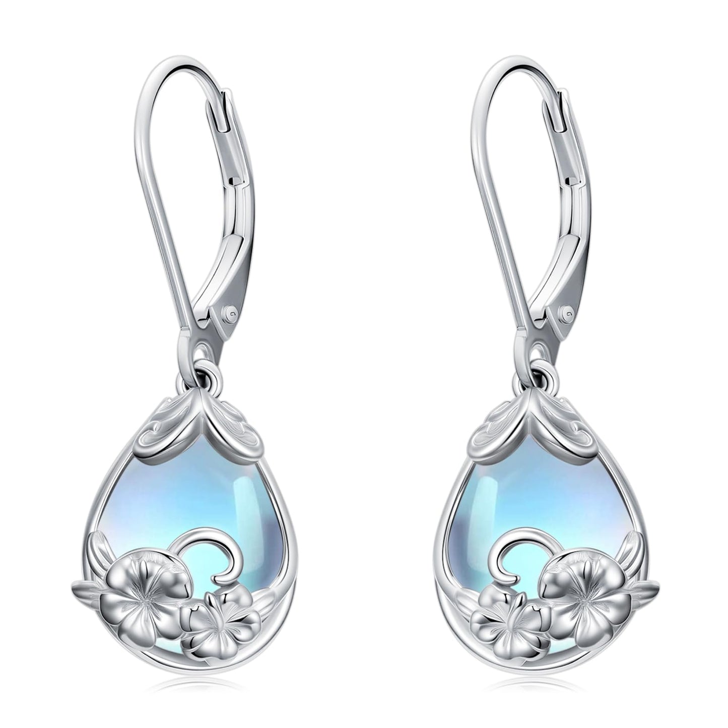 KoyeKei Hibiscus Earrings for Women 925 Sterling Silver Hibiscus Flower Hawaii Moonstone Dangle Drop Leverback Earrings Hawaiian Jewelry Graduation Birthday Gifts for Girlfriend Her Lover