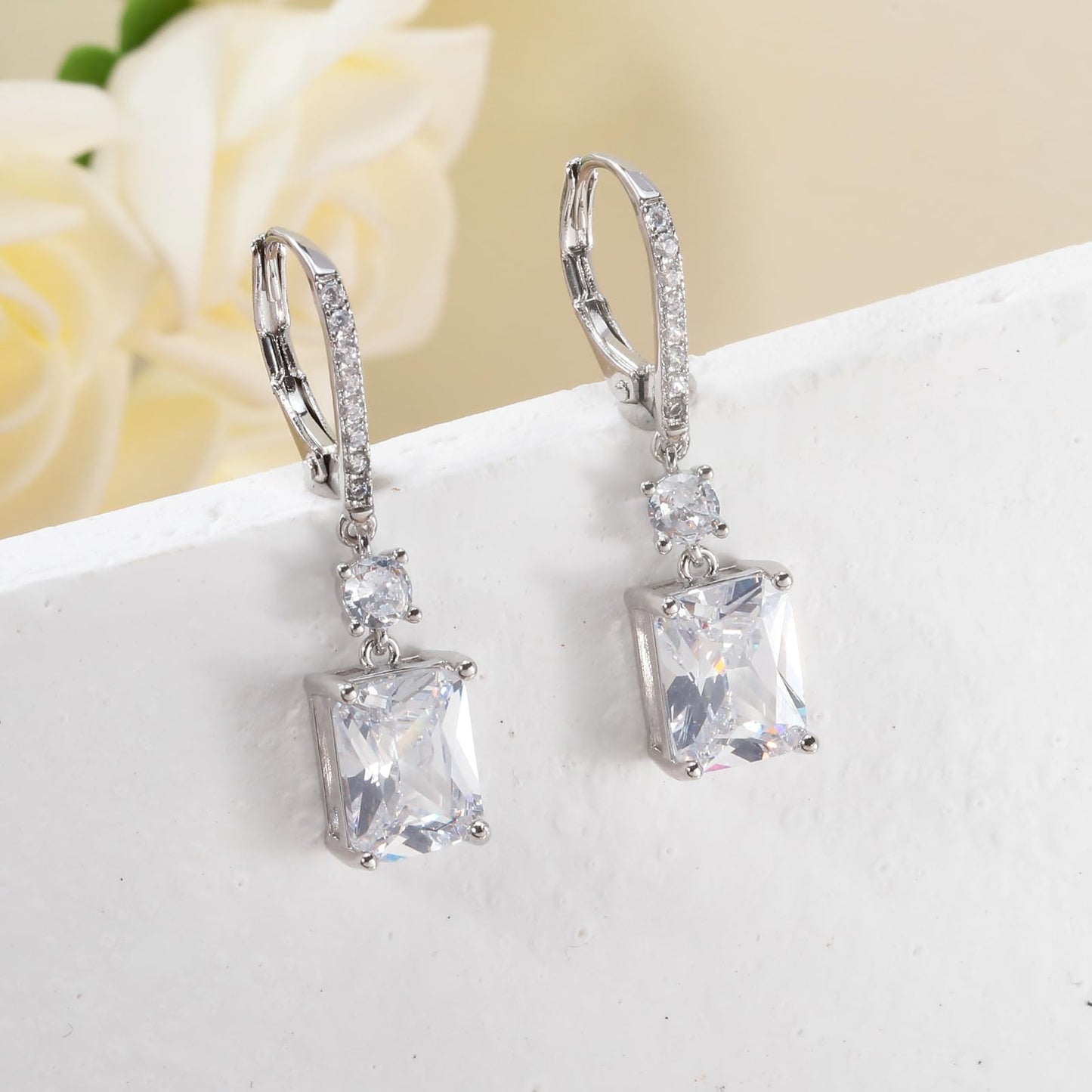 CiNily Leverback Earrings for Women Dangle Drop Earrings Hypoallergenic, 14K White Gold Plated White Cubic Zircon Earrings Diamond Dangle Ear Rings Jewelry Birthday
