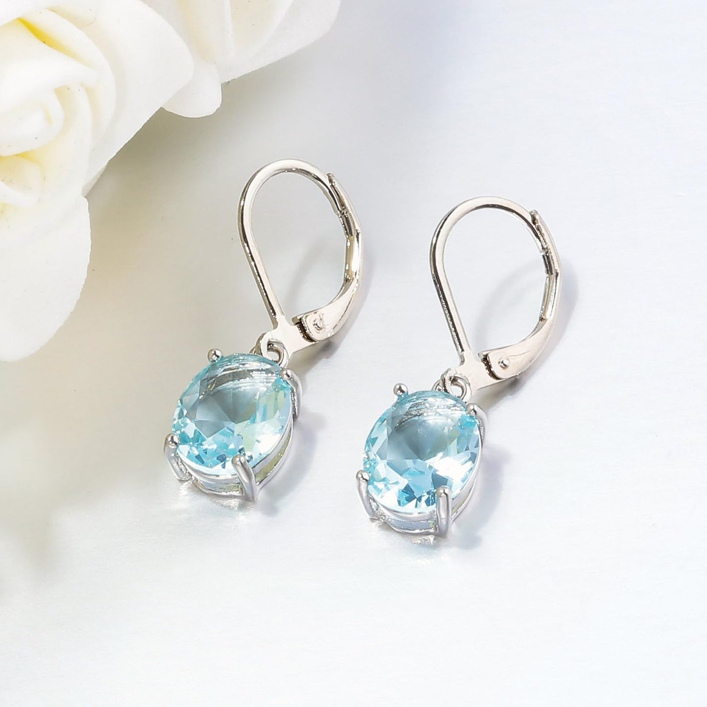 CiNily Cut-Oval Leverback Dangle Earrings for Women Light Blue Cubic Zircon 14k White Gold Plated Hypoallergenic Hanging Earrings Lightweight Summer Drop Earrings