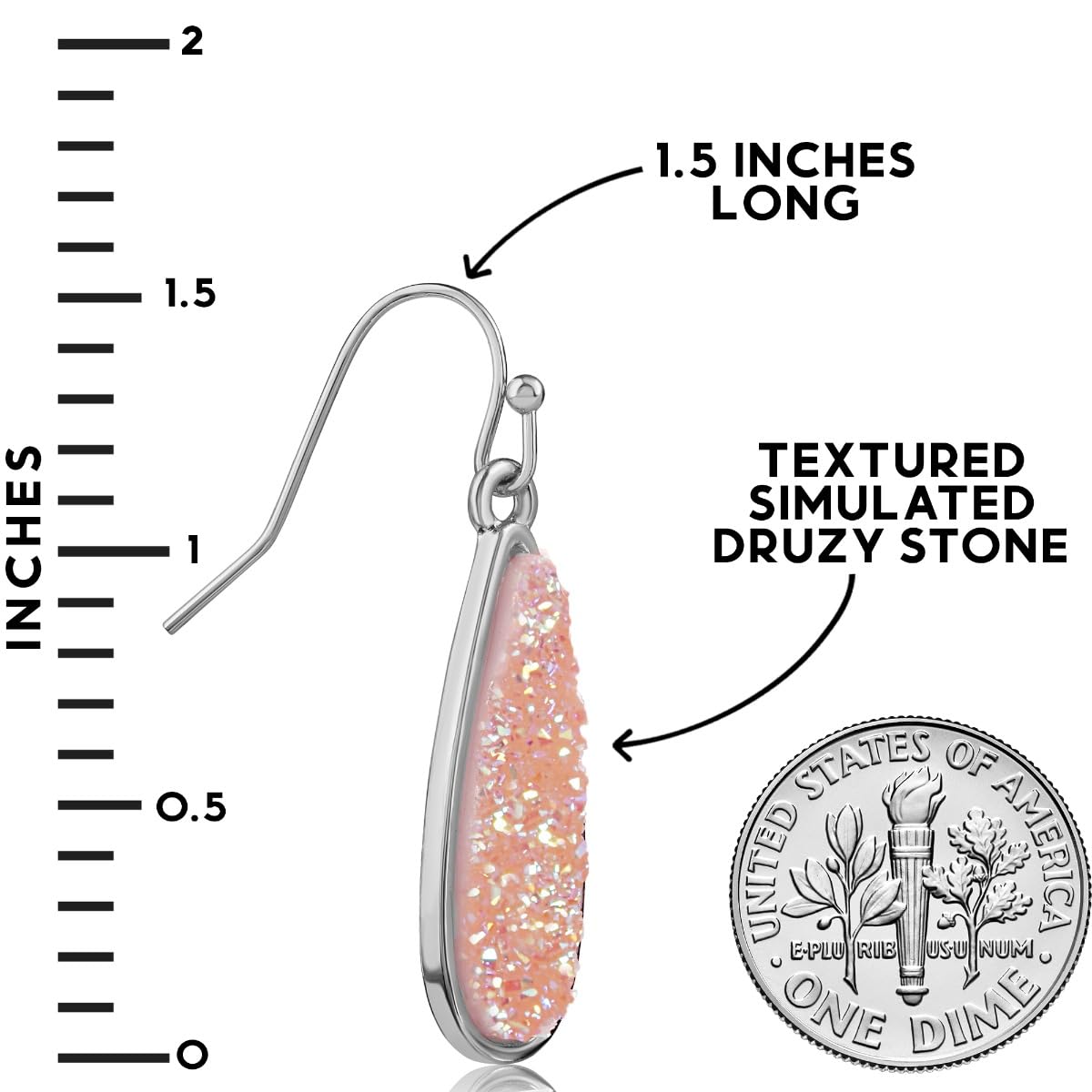 Pink Earrings for Women - Simulated Rose Quartz Earrings for Women, Silver Tone Long Dangles with Sparkly Simulated Druzy Stone, Dangling Teardrop Boho Dangle Drops, Elegant Dangly Tear Drop