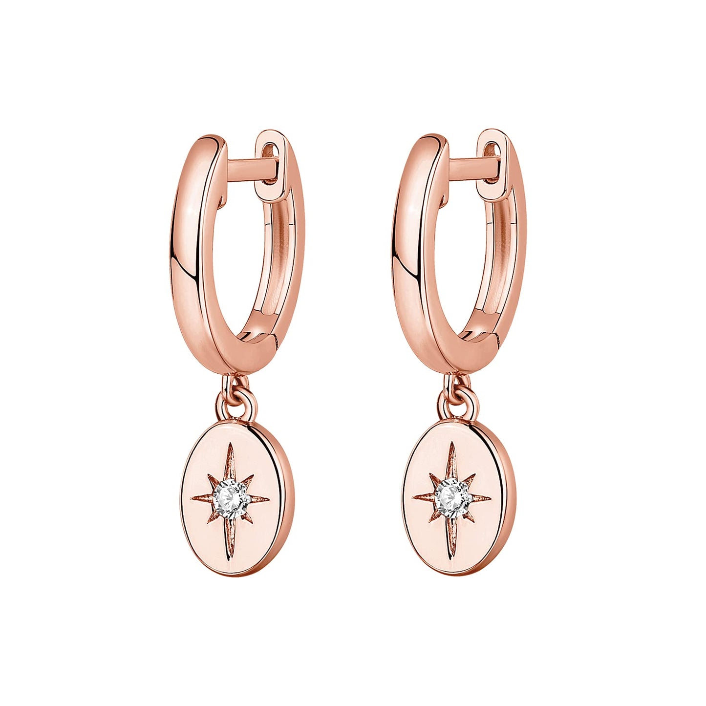 PAVOI 14K Rose Gold Plated 925 Sterling Silver Post Celestial Dangle Huggie Hoop Earrings For Women - Trendy Starbusrst Drop Hoop Earrings - Cubic Zirconia Small Hinged Huggies