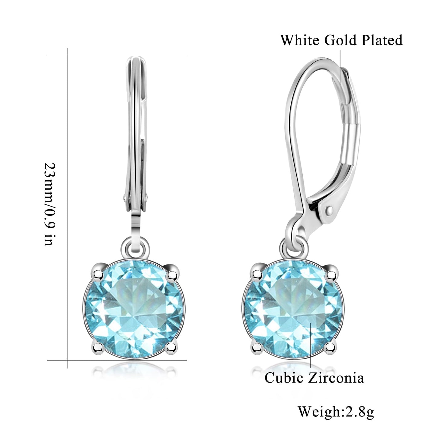 CiNily Leverback Dangle Earrings Created Light Blue Crystal Drop Earrings White Gold Plated Summer Jewelry for Women 8 mm