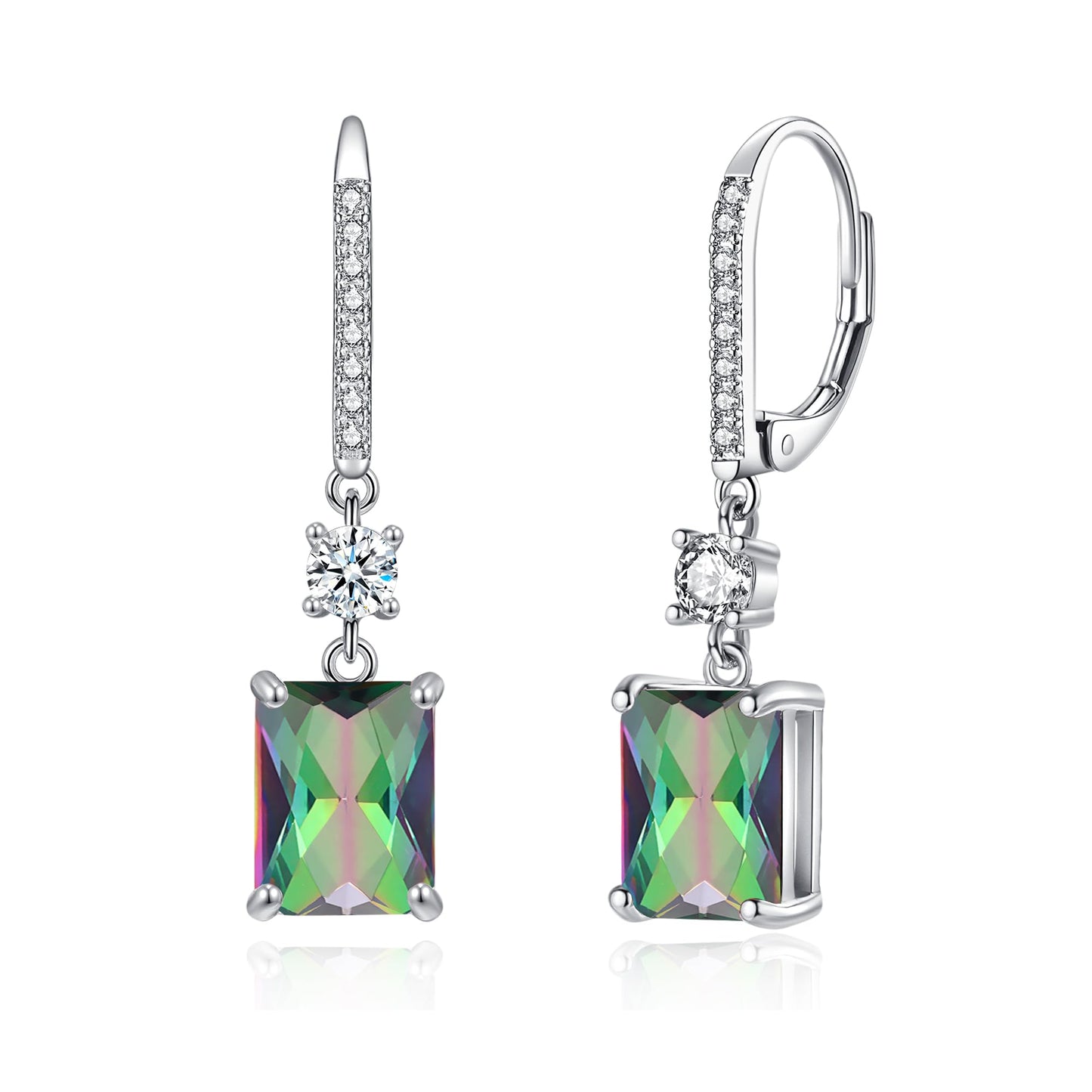 CiNily Leverback Earrings for Women Rectangular-cut Drop Dangle Earring Hypoallergenic, 14K White Gold Plated Mystic Rainbow Topaz Earrings Diamond Dangle Ear Rings Jewelry for Sensitive Ear