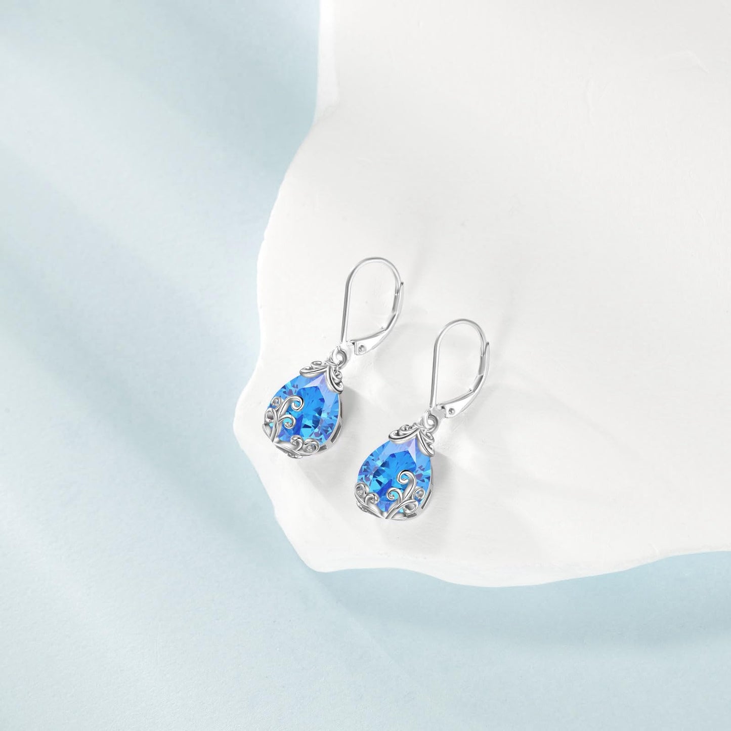 POPLYKE BirthStone Filigree Teardrop Drop Dangle Earrings Sterling Silver Leverback Earrings December Birthstone Jewelry Gifts for Women