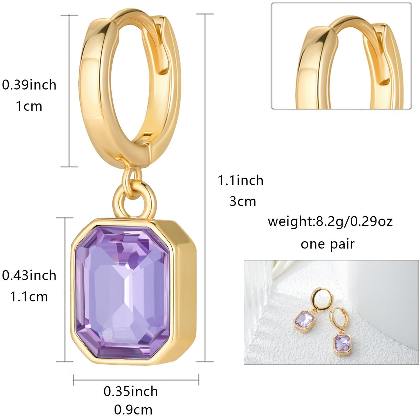 Birthstone Crystal Dangle Drop Earrings, 18K Gold Plated Huggie Hoop Hypoallergenic Earring Jewelry Gifts for Women (Purple)