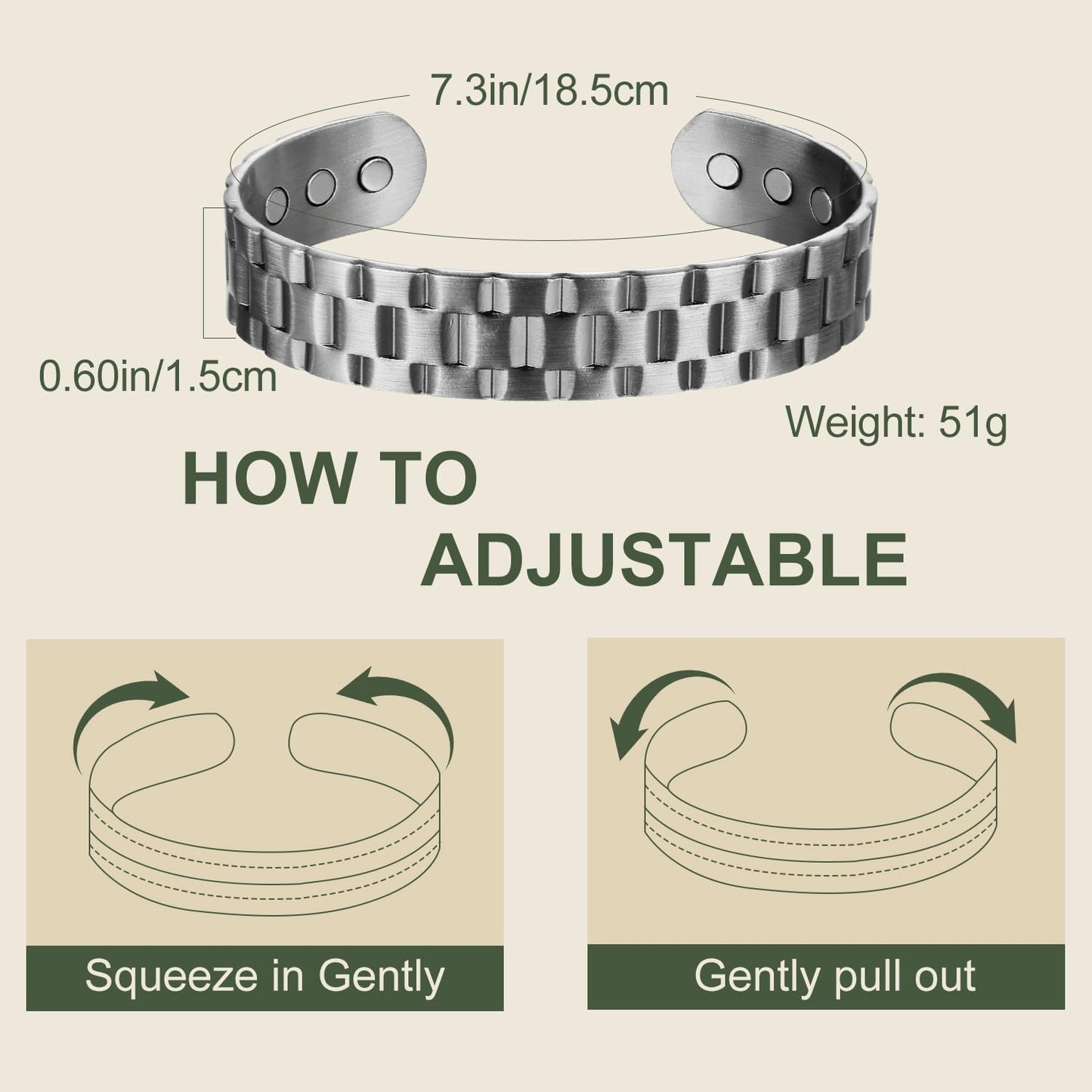 MagEnergy Copper Bracelet for Men, 99.9% Pure Copper Bracelet for Men with 6pcs 3500 Gauss Magnets, Adjustable Bracelets Jewelry Gift(Silver)