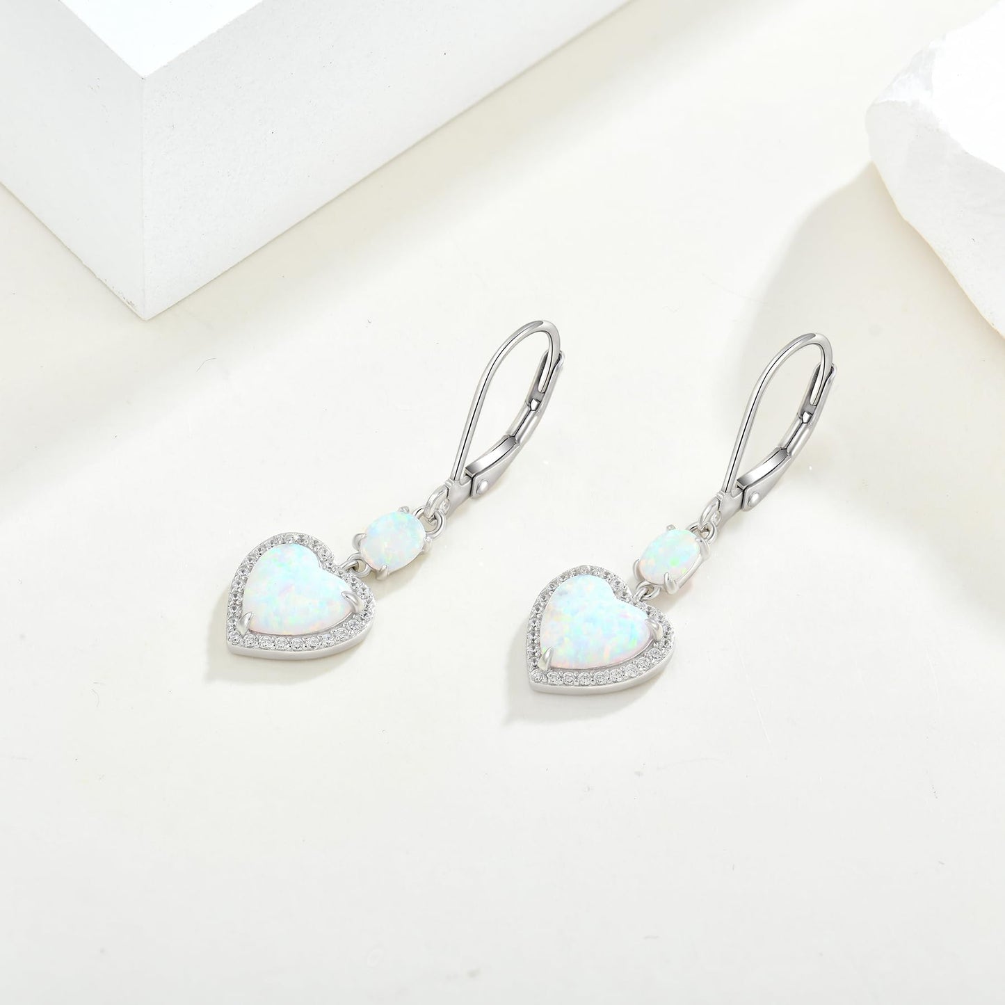 FYNSBLE White Opal Earrings for Women Sterling Silver Heart Opal Leverback Earrings Hypoallergenic Jewelry for Women