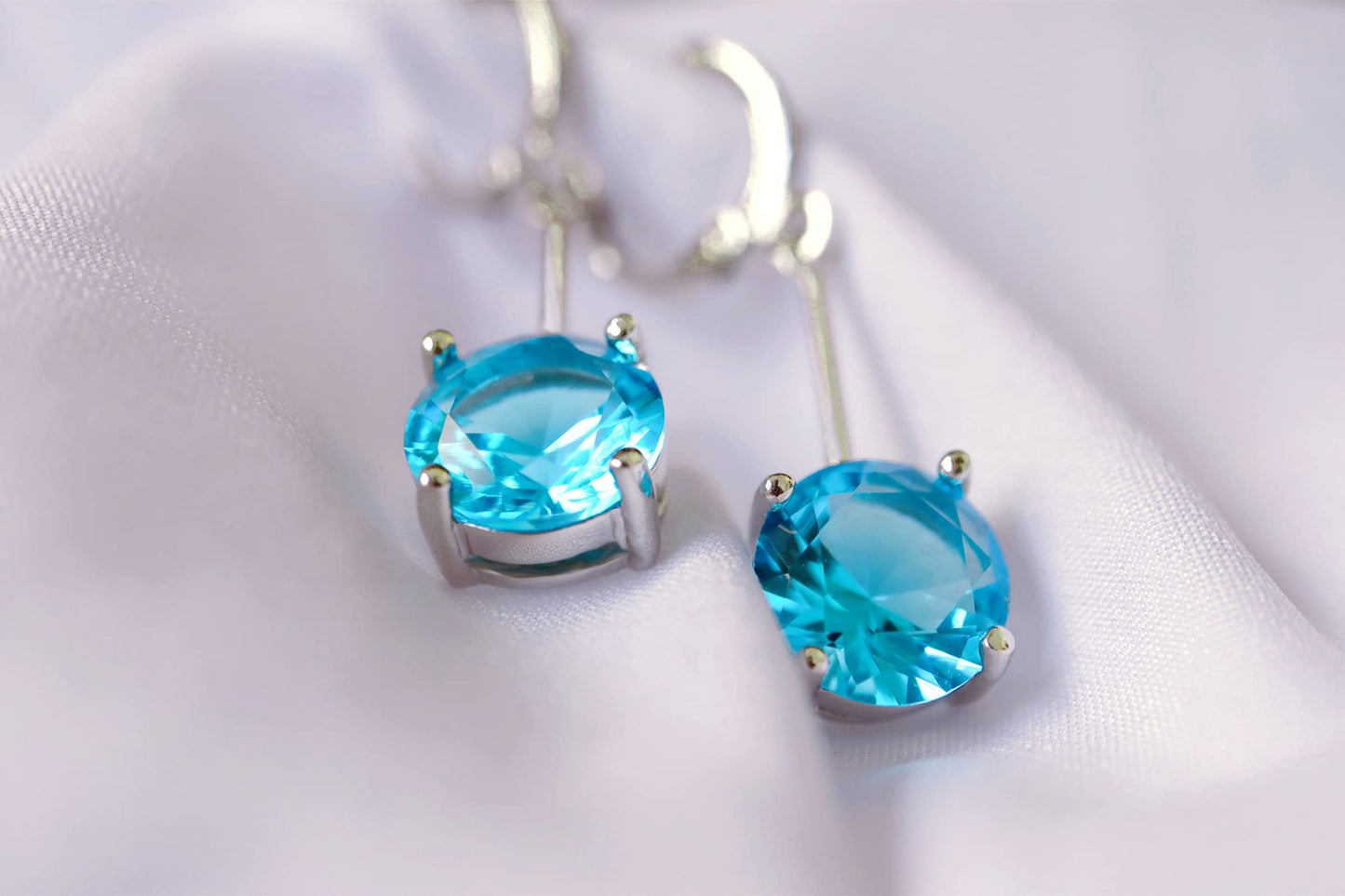 VONSSY Gemstone Drop Dangle Earrings | Platinum/Gold Plated Leverback Crystal Cubic Zirconia Hanging Red/Pink/Blue Earrings (Blue-Platinum)