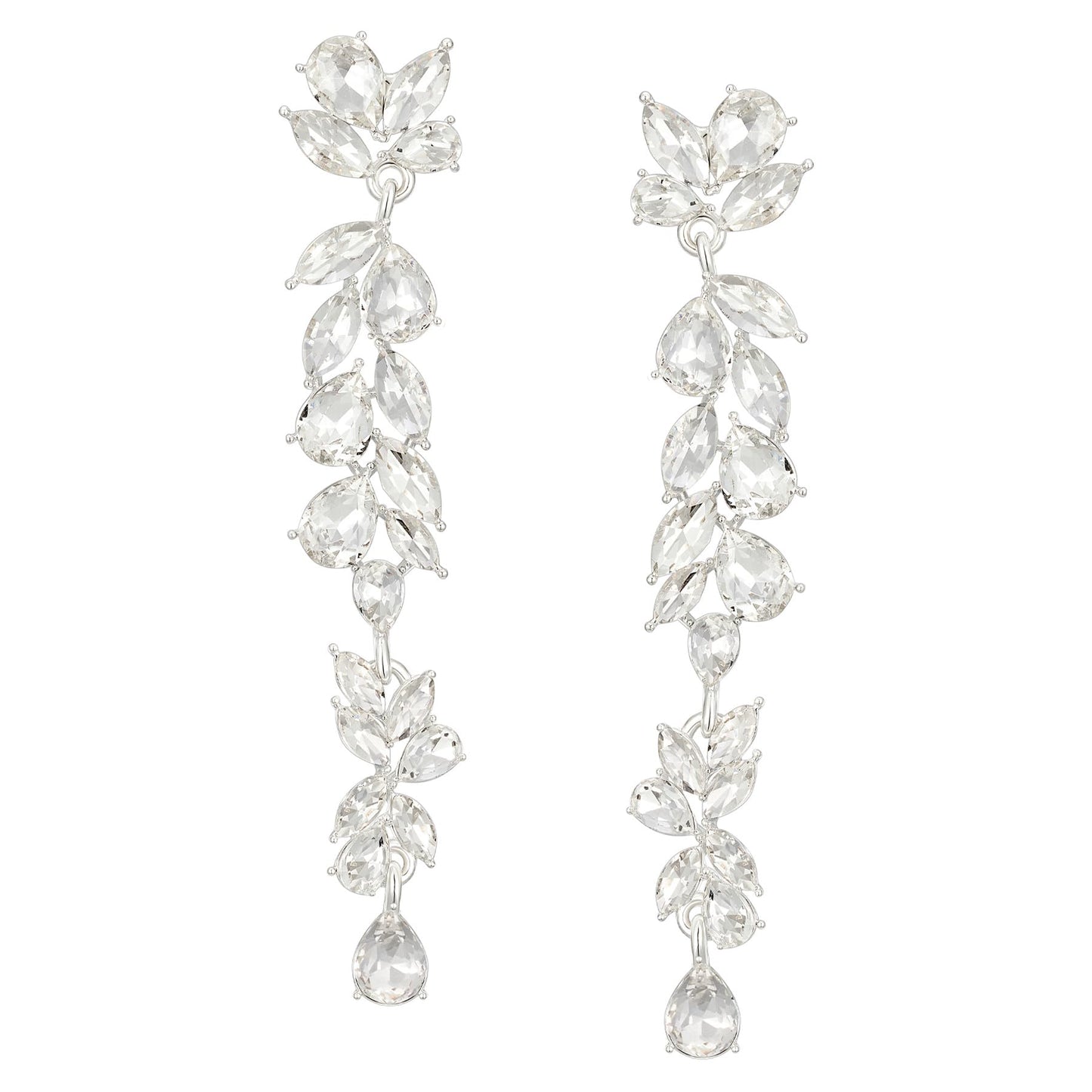 SWEETV Long Rhinestone Dangle Earrings for Women, Wedding Bridal Earrings for Brides, Crystal Chandelier Drop Earrings for Prom or Pageant, Silver
