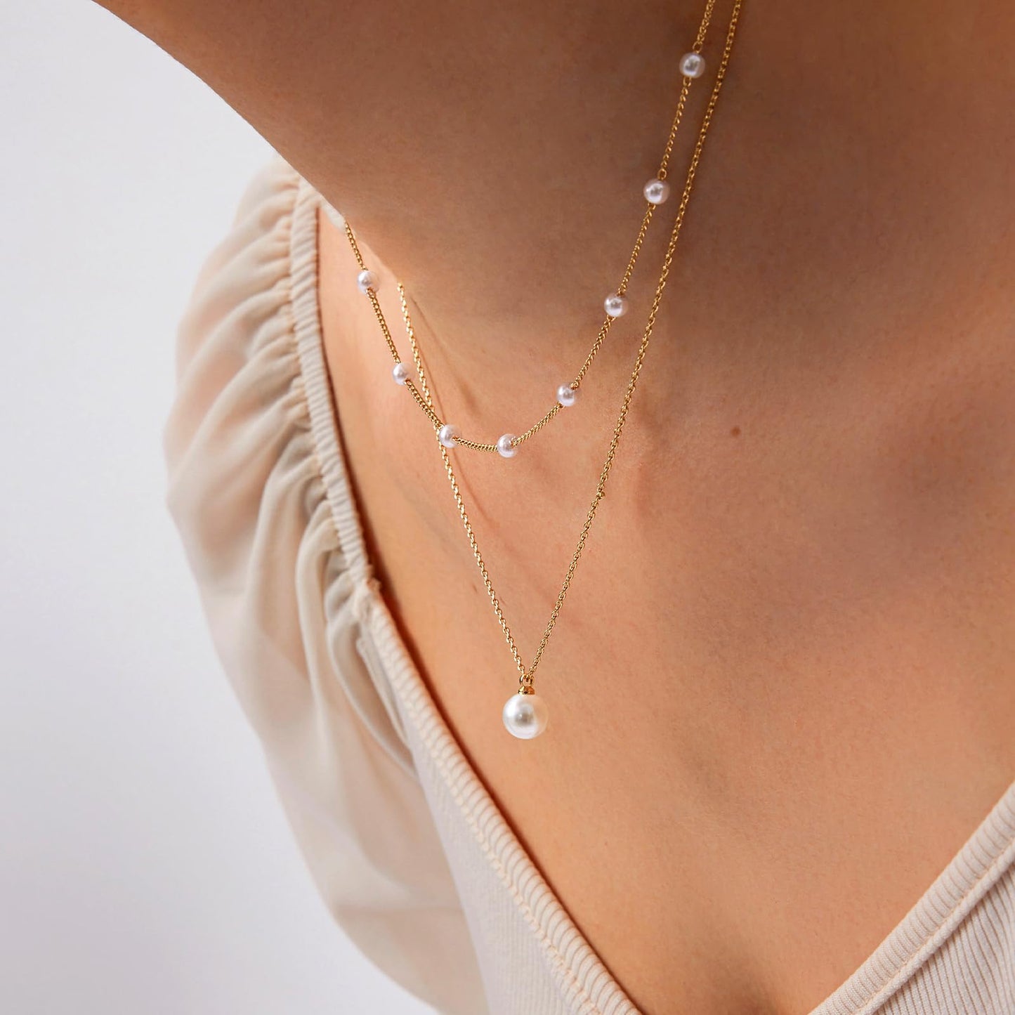 Zeffy Layered Gold Pearl Necklaces for Women 14K Gold Plated Dainty Layered Tiny Single Pearl Choker Trendy Cute Gold Necklace Stack Wedding Jewelry Sets for Women Bridesmaid Gifts 2PCS