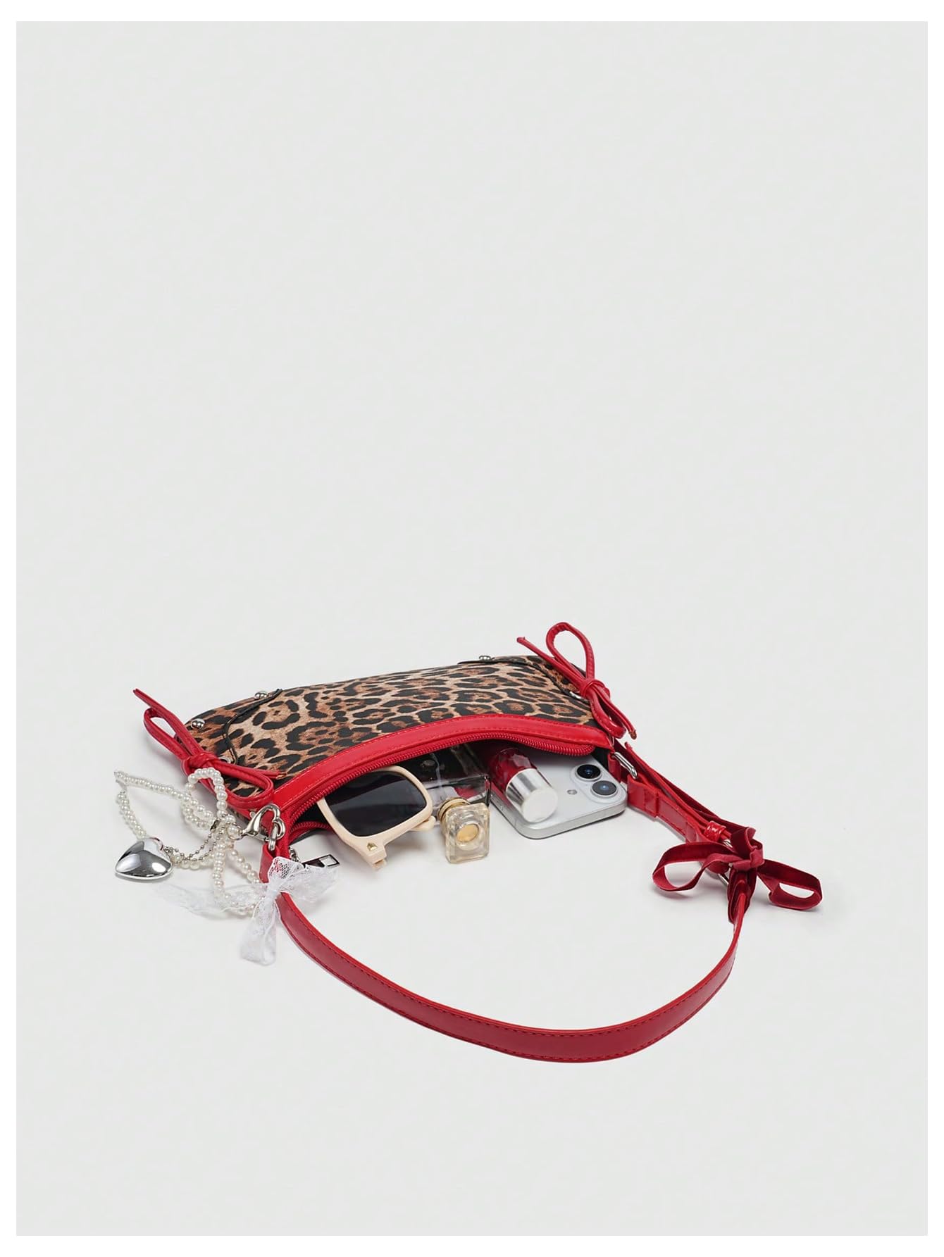 Verdusa Women's Y2K Purse Coquette Bow Tie Vintage Shoulder Bags Lace PU Leather Kawaii Handbag Leopard Print Red One Size