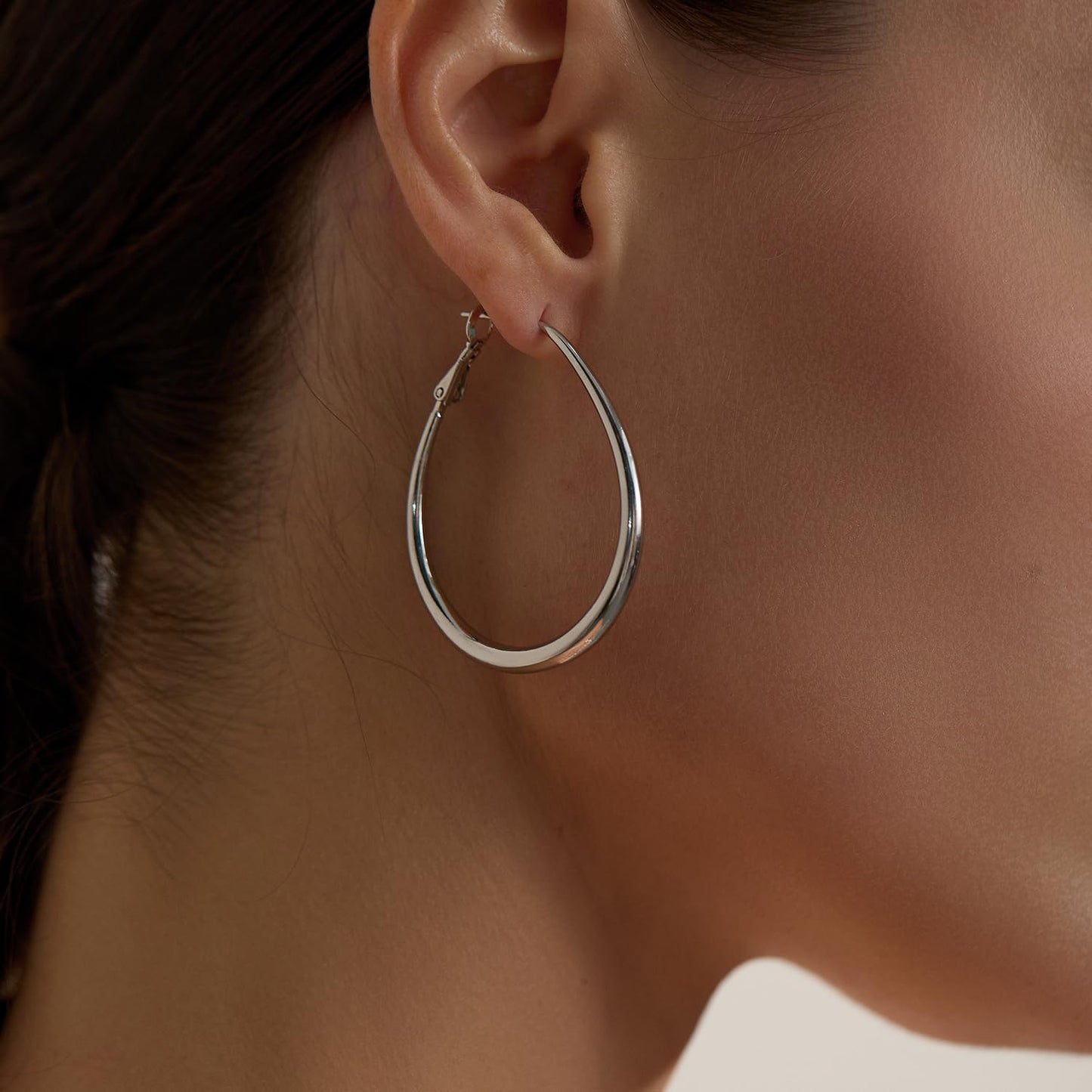 Big Oval Hoop Earrings for Women - 14K Gold Plated, Rose Gold Plated and Sterling Silver Plated Large Oblong Hoop Earrings for Women Statement Jewelry Gifts (silver)