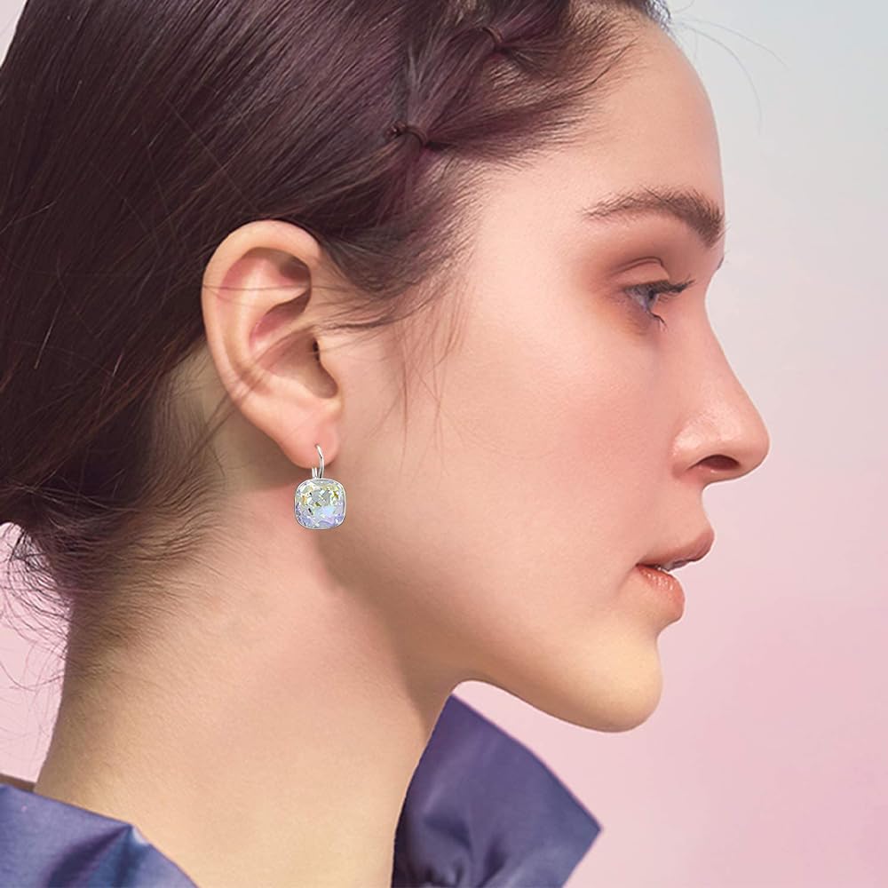 AOBOCO Sterling Silver Leverback Earrings Embellished with Crystals from Austria, Hypoallergenic Cushion Cut Square Crystal Earrings, Fine Anniversary Birthday Jewelry Gifts for Women (Fantasy White-10mm)