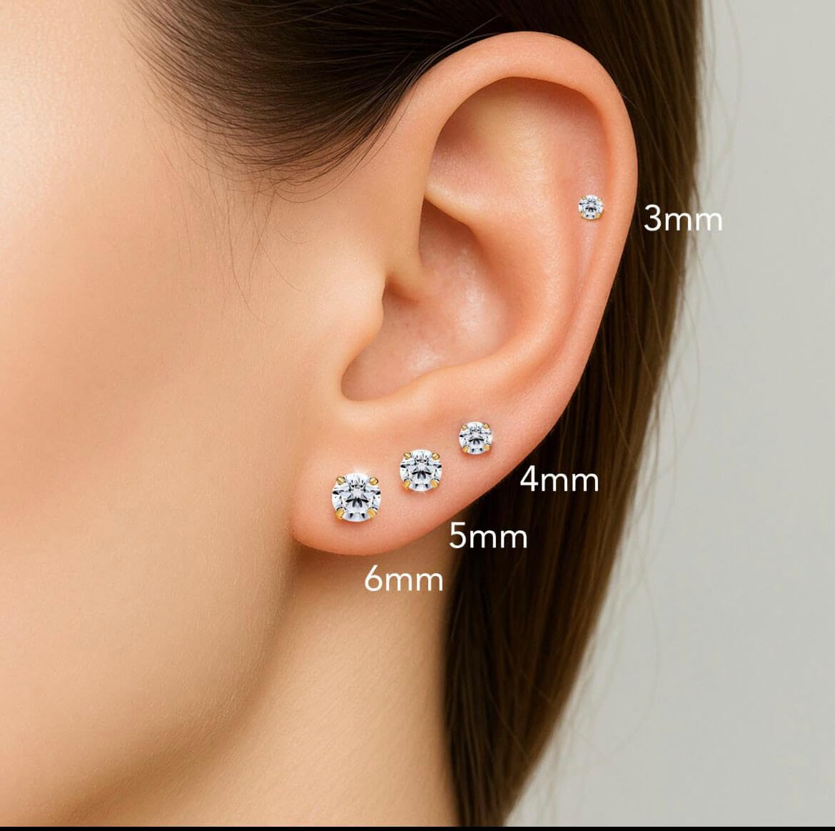 Hypoallergenic Flat Back 5A CZ Stud Earrings,Gold Plated Surgical Steel Secure Screw Back Cartilage Earrings for Women Men with Sensitive Ears | Multiple Piercing,4mm White CZ