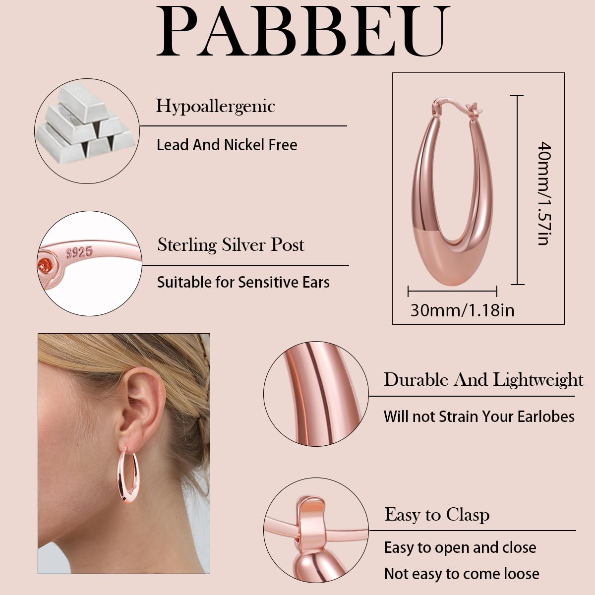 PABBEU Chunky Rose Gold Hoop Earrings for Women, Lightweight 14k Golden Plated Hoops Earrings, Hypoallergenic 925 Oval Rose Golds Hoops Earrings, Thick Gold Hoop Earrings for Women Gifts (40mm)