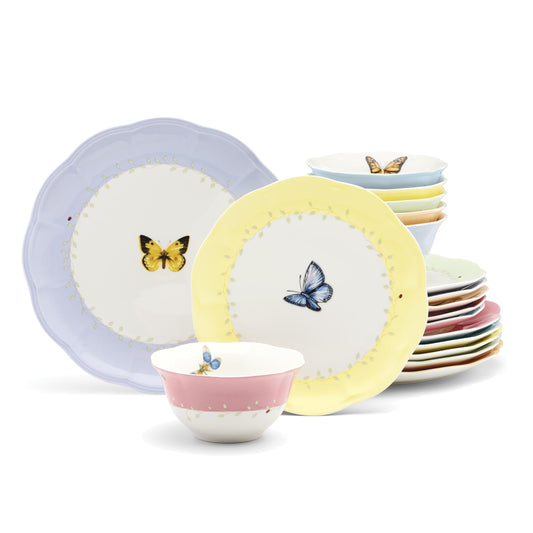 Lenox Dinnerware Set, Butterfly Meadow Colors 18-Piece Set, Service For 6, Porcelain, Dishwasher Safe, Colorful Design, Dinner Plates, Accent Plates, Bowls, Plate & Bowl Sets (18 Pieces, Assorted)