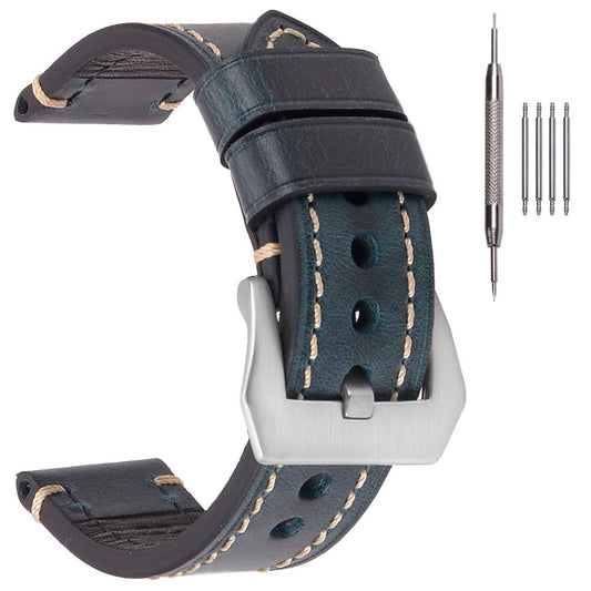 EACHE 26mm Leather Watch Bands Thick Imported Oil Waxed Leather Watch Straps Blue With Silver Buckle