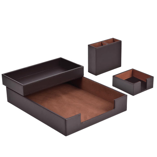 RHCSZ 4 Pack Leather Office Supplies/Desk Organizer for Letter Paper Tray,Sticky Note Holder,Pen Cup,Stackable Small Letter Mail Sorter Tray,Workspace Decor for Women Men (Brown, 4-piece set)