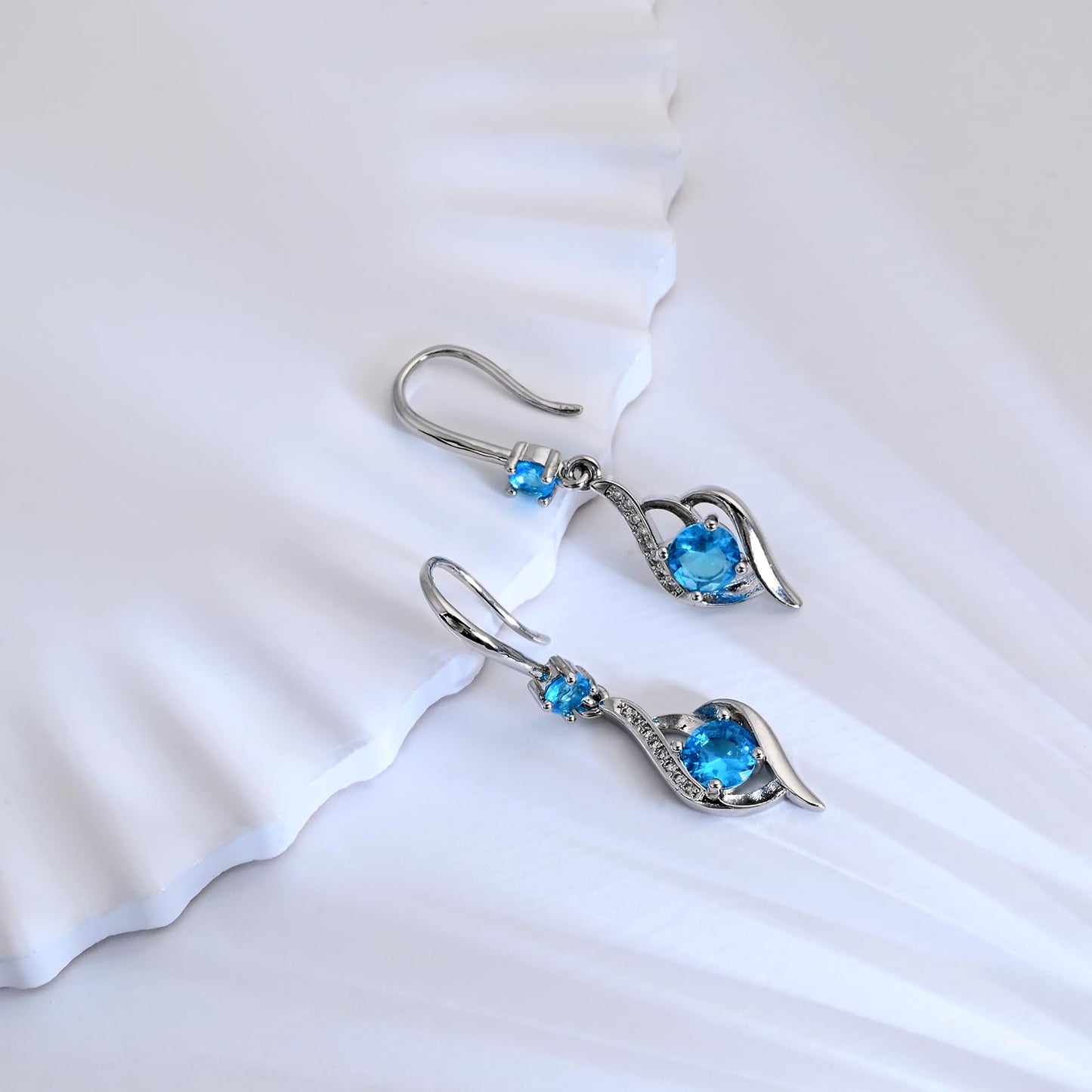 Heart Aquamarine Drop Dangle Earrings-925 Sterling Silver with Blue Crystals-Long Birthstone Jewellery for Women