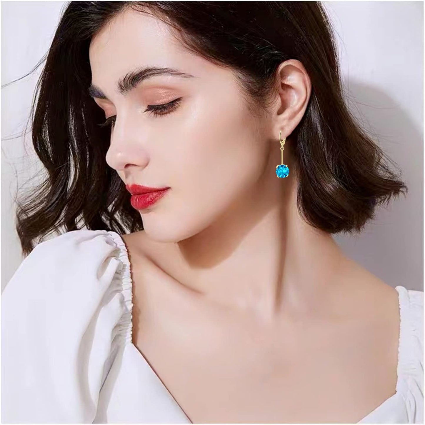 VONSSY Gemstone Drop Dangle Earrings | Platinum /Gold Plated Leverback Crystal Cubic Zirconia Hanging Red /Pink/Blue Earrings (Blue-Gold)