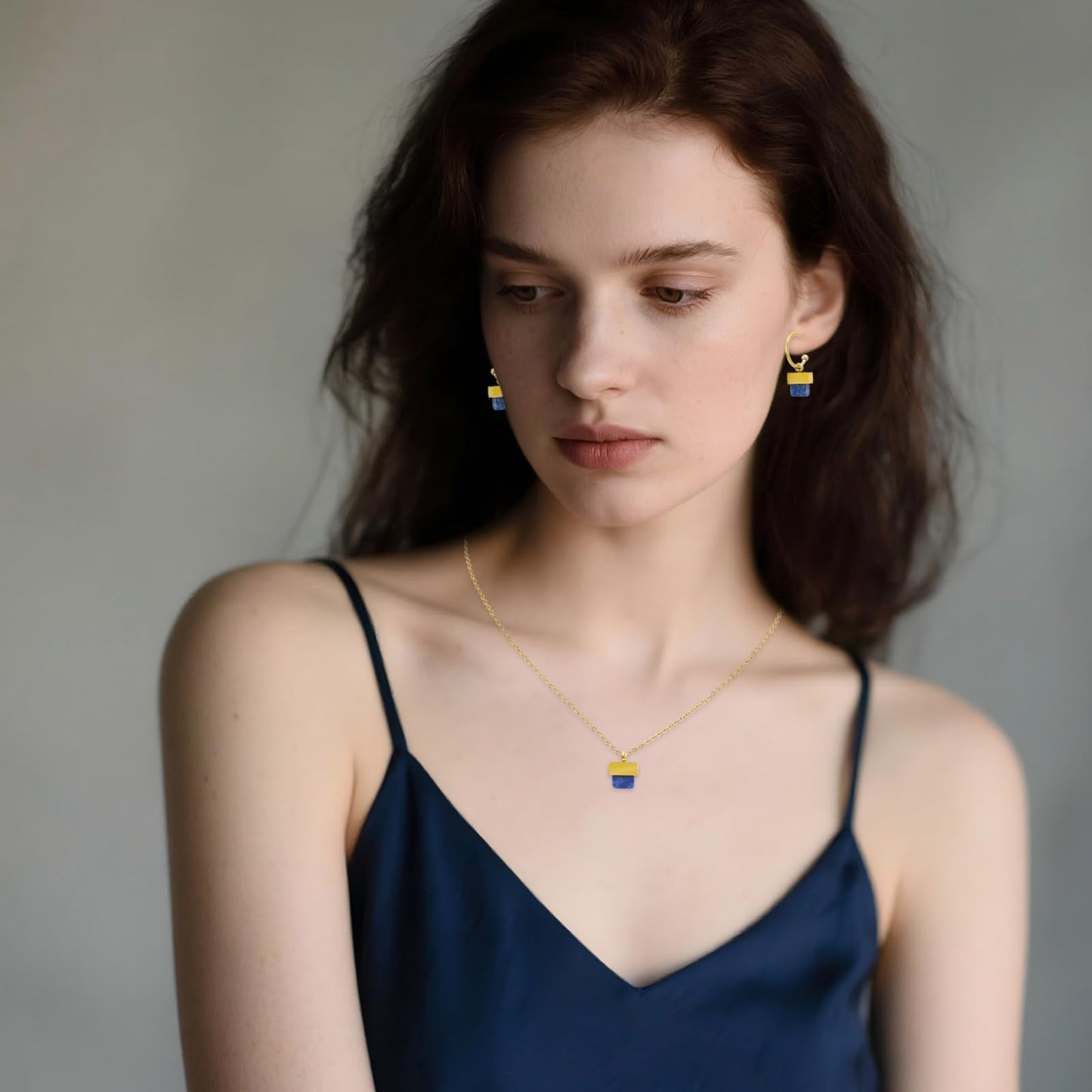 TaYolnFaSo Natural Lapis Lazuli Necklace and Earrings Set for Women 18K Gold Plated Lapis Lazuli Jewelry Set Square Gemstone Jewelry Gift
