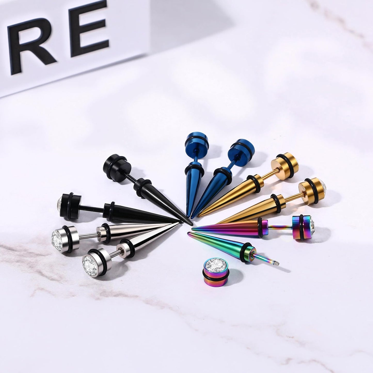 Aroncent 5PCS Spiked Stud Earrings for Men, Fake Gauge Fake Earrings Stainless Steel Spike Faux Taper Stud Earrings for Men Women Fashion Jewelry Piercing