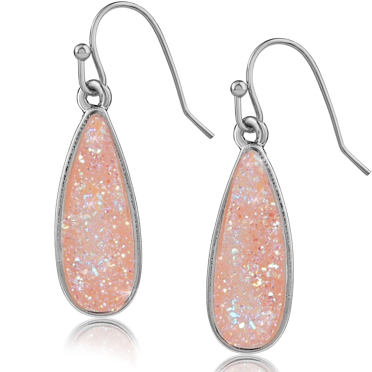 Pink Earrings for Women - Simulated Rose Quartz Earrings for Women, Silver Tone Long Dangles with Sparkly Simulated Druzy Stone, Dangling Teardrop Boho Dangle Drops, Elegant Dangly Tear Drop