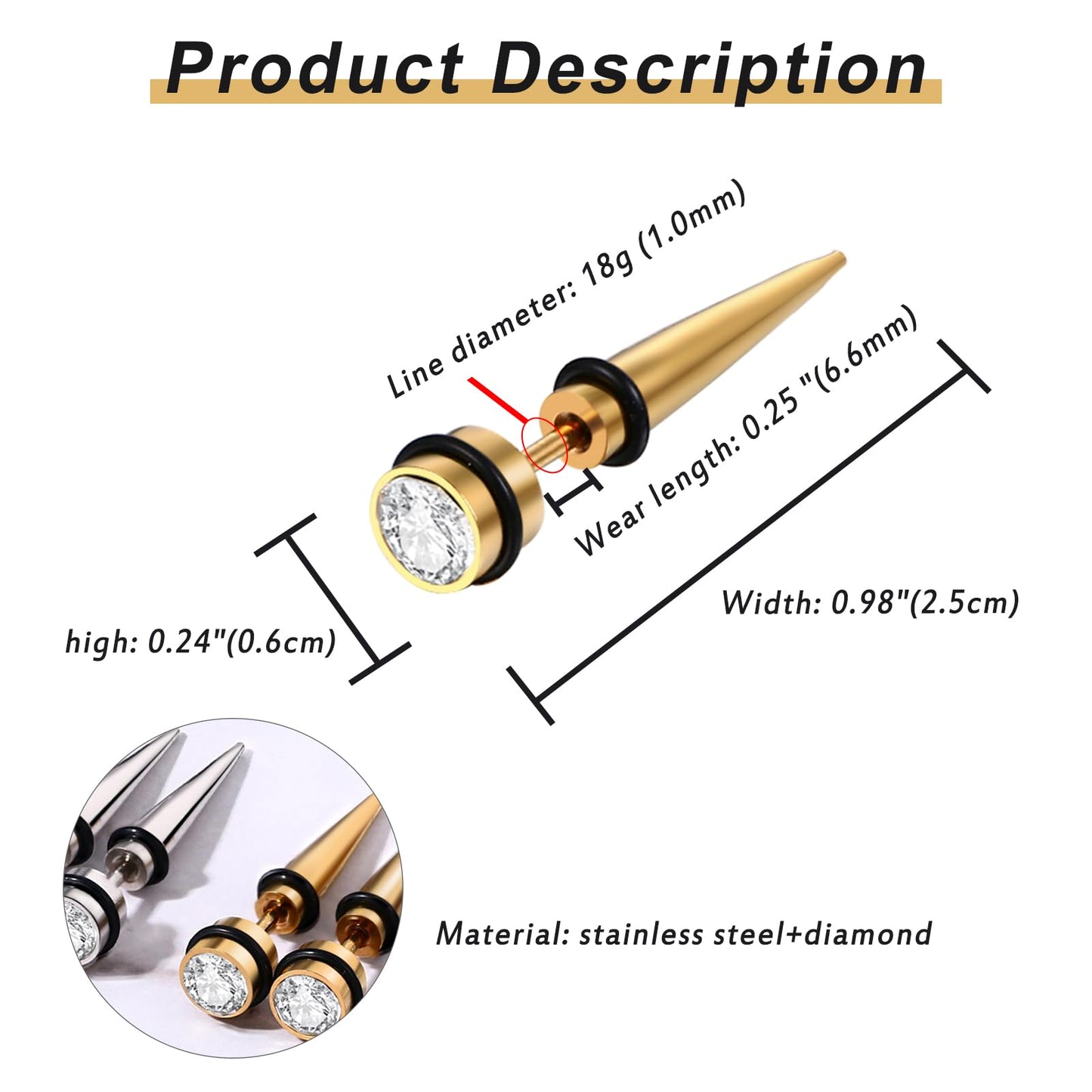 Aroncent 5PCS Spiked Stud Earrings for Men, Fake Gauge Fake Earrings Stainless Steel Spike Faux Taper Stud Earrings for Men Women Fashion Jewelry Piercing