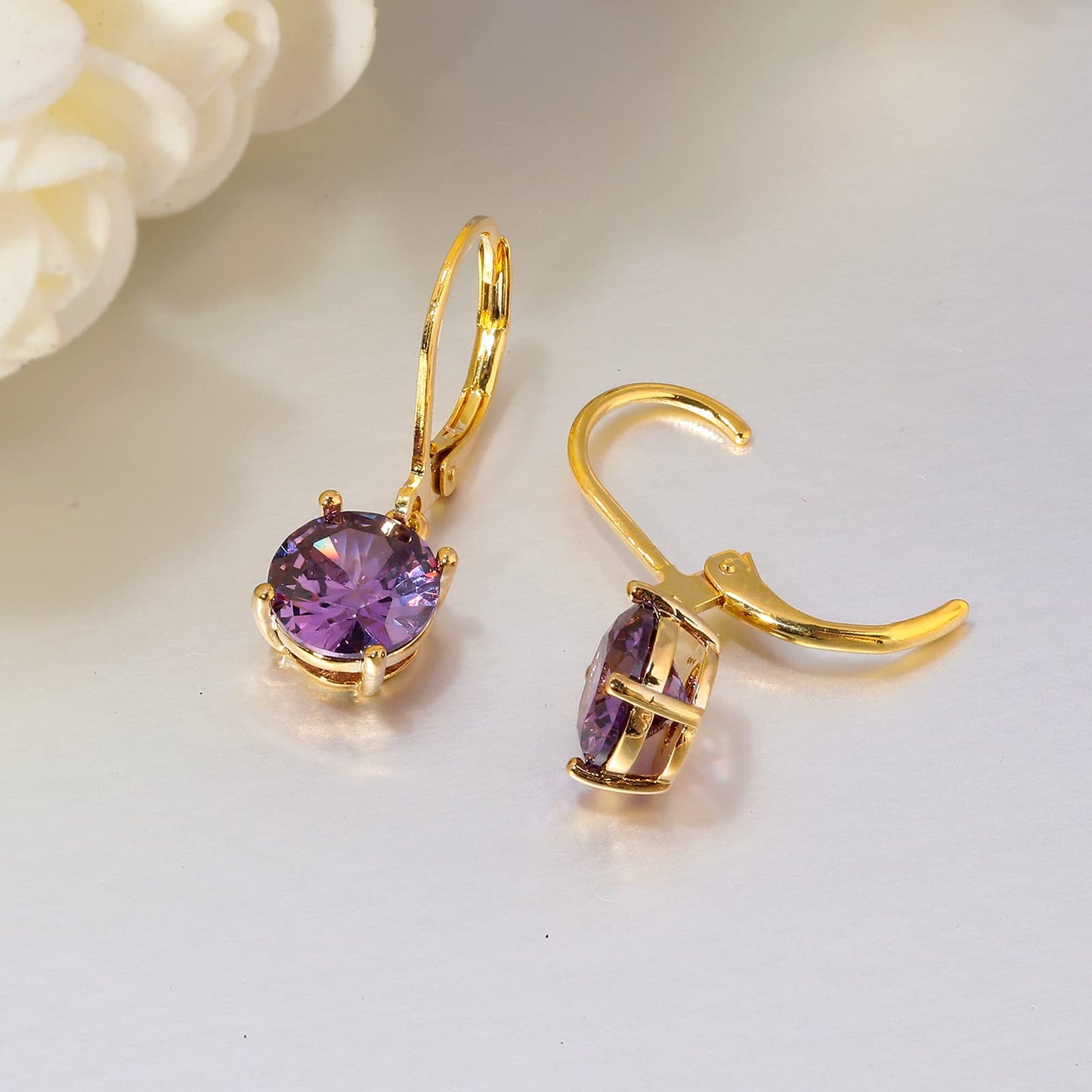 CiNily Leverback Dangle Earrings for Women Purple Cubic Zircon Pendant Earrings 14K Gold Plated Hypoallergenic Crystal Drop Earrings for Sensitive Ears Jewelry
