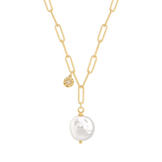CANEVINKA 18K Gold Plated Coin Pearl Pendant Necklace for Women Adjustable Shell Pearl Chain Minimalist Dainty Jewelry, Handmade Vintage Style Layering Necklace